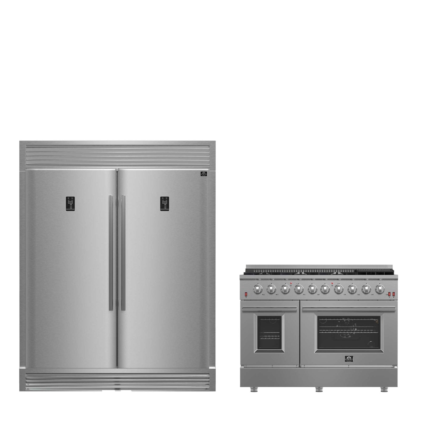 Forno Premium 2-Piece Kitchen Bundle - Galiano 48" Stainless Steel Dual Fuel Range, 60" Stainless Steel Side-by-side Convertible Refrigerator - FBDL-005-02CAUS