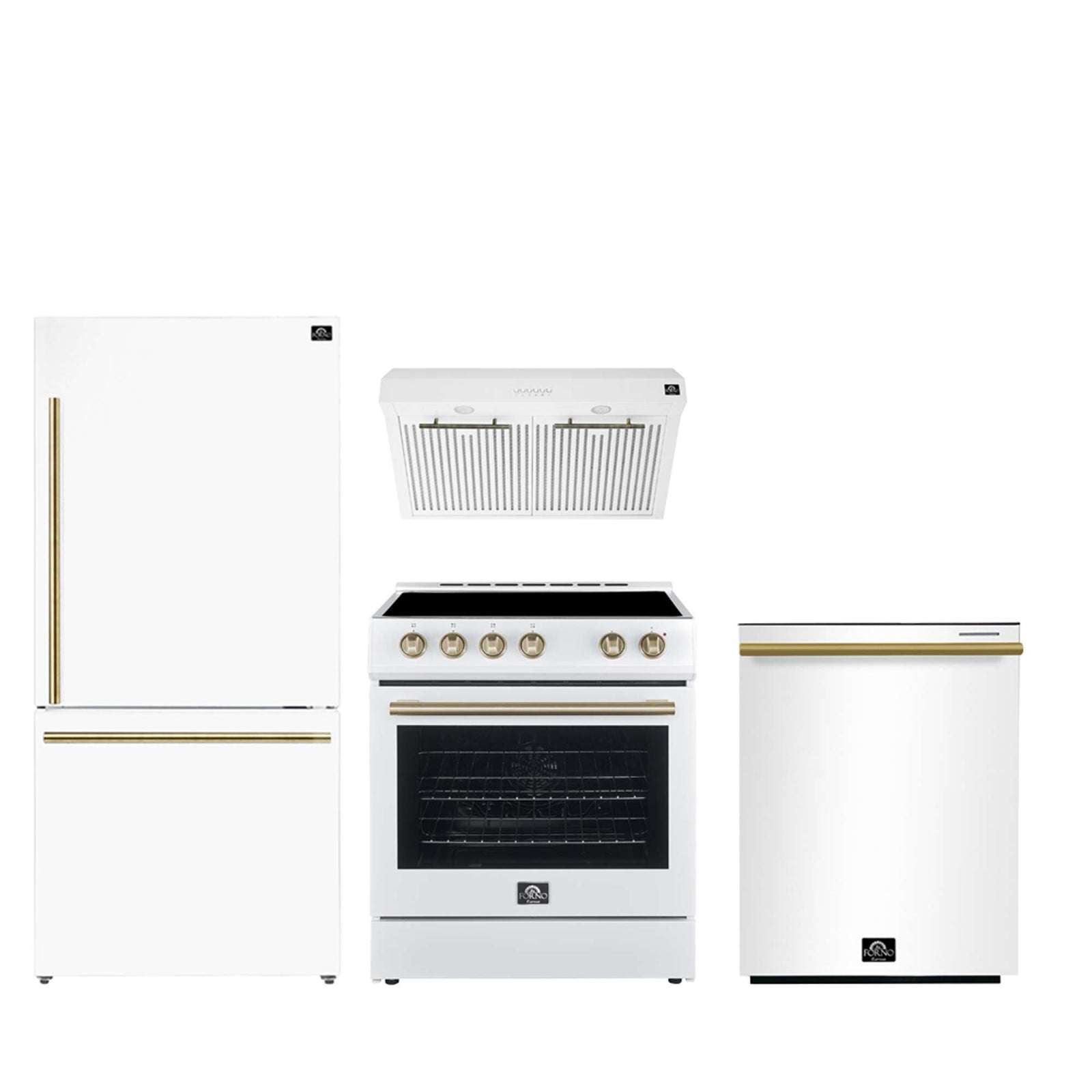 Forno Premium 4-Piece Kitchen Bundle - Leonardo Espresso 30" White Range, 30" White Range Hood, 31" White Bottom Freezer Refrigerator, 24" White Built-In Dishwasher - FBDL-006-03US