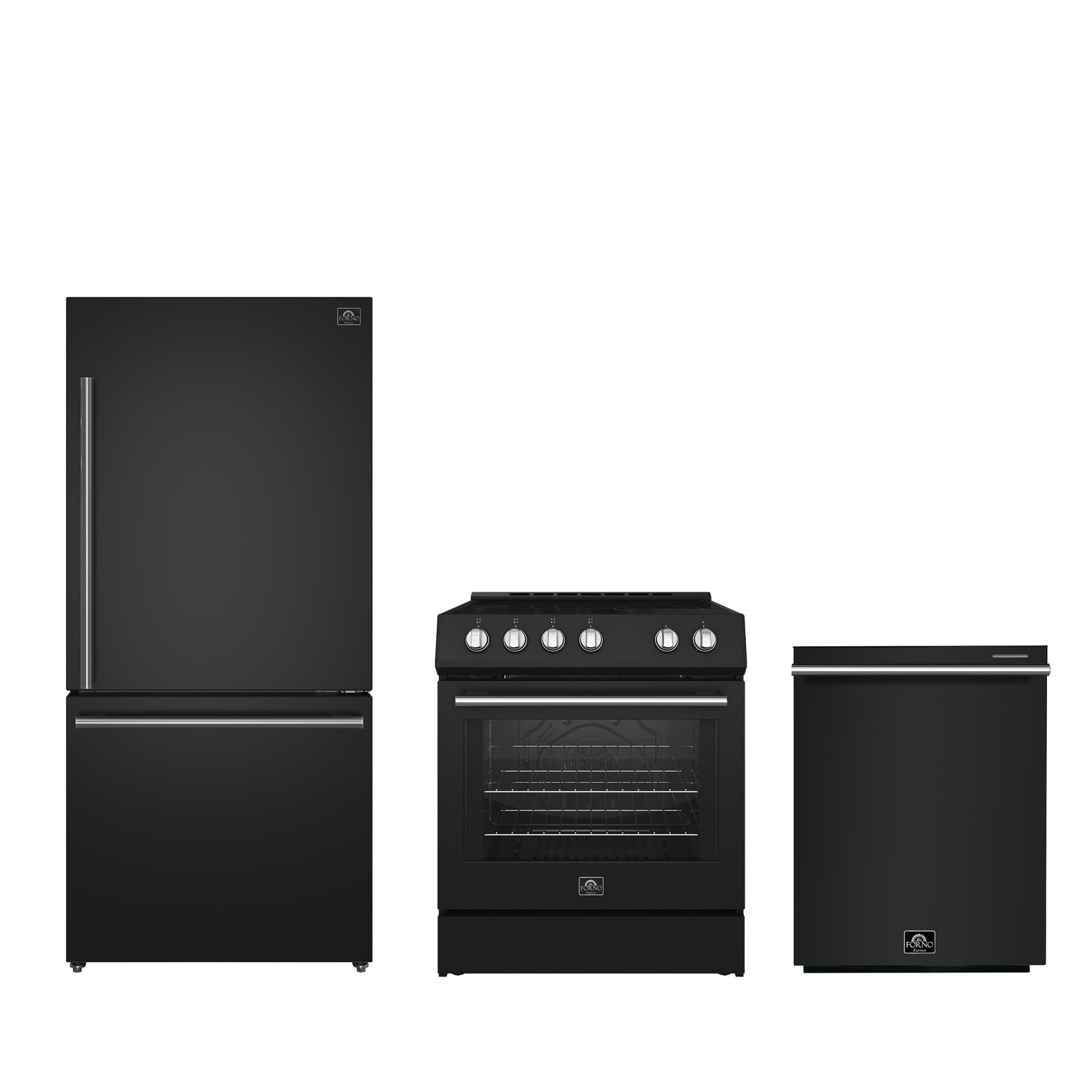 Forno Premium 3-Piece Kitchen Bundle - Leonardo Espresso 30" Black Range, 31" Black Bottom Freezer Refrigerator, 24" Black Built-In Dishwasher - FBDL-007-02US