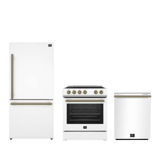 Forno Premium 3-Piece Kitchen Bundle - Leonardo Espresso 30" White Range, 31" White Bottom Freezer Refrigerator, 24" White Built-In Dishwasher - FBDL-007-03US