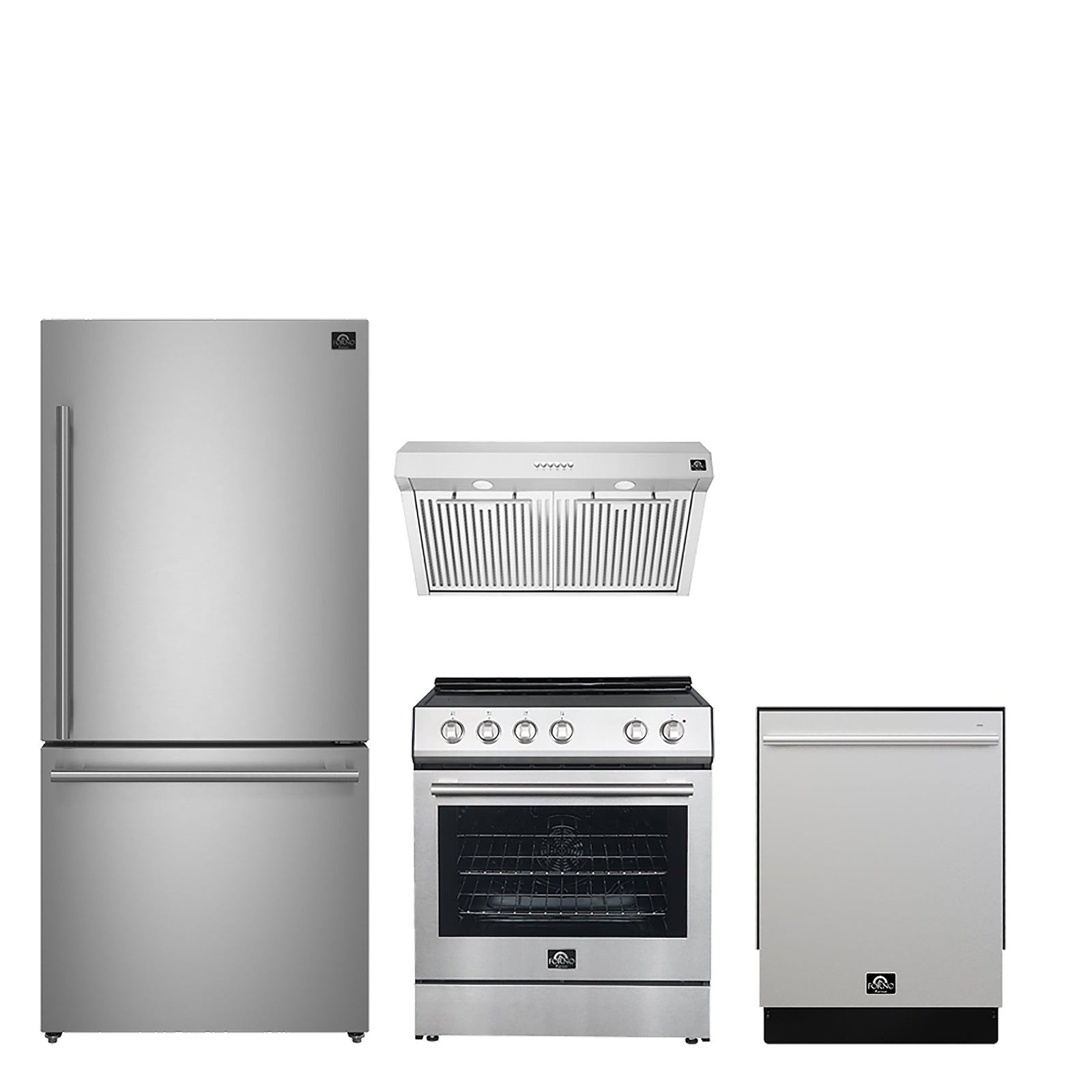 Forno Premium 4-Piece Kitchen Bundle - 30" Electric Range, 30" Range Hood, 31" French Door Refrigerator, 24" Built-In Dishwasher, Stainless Steel - FBDL-010-01CA