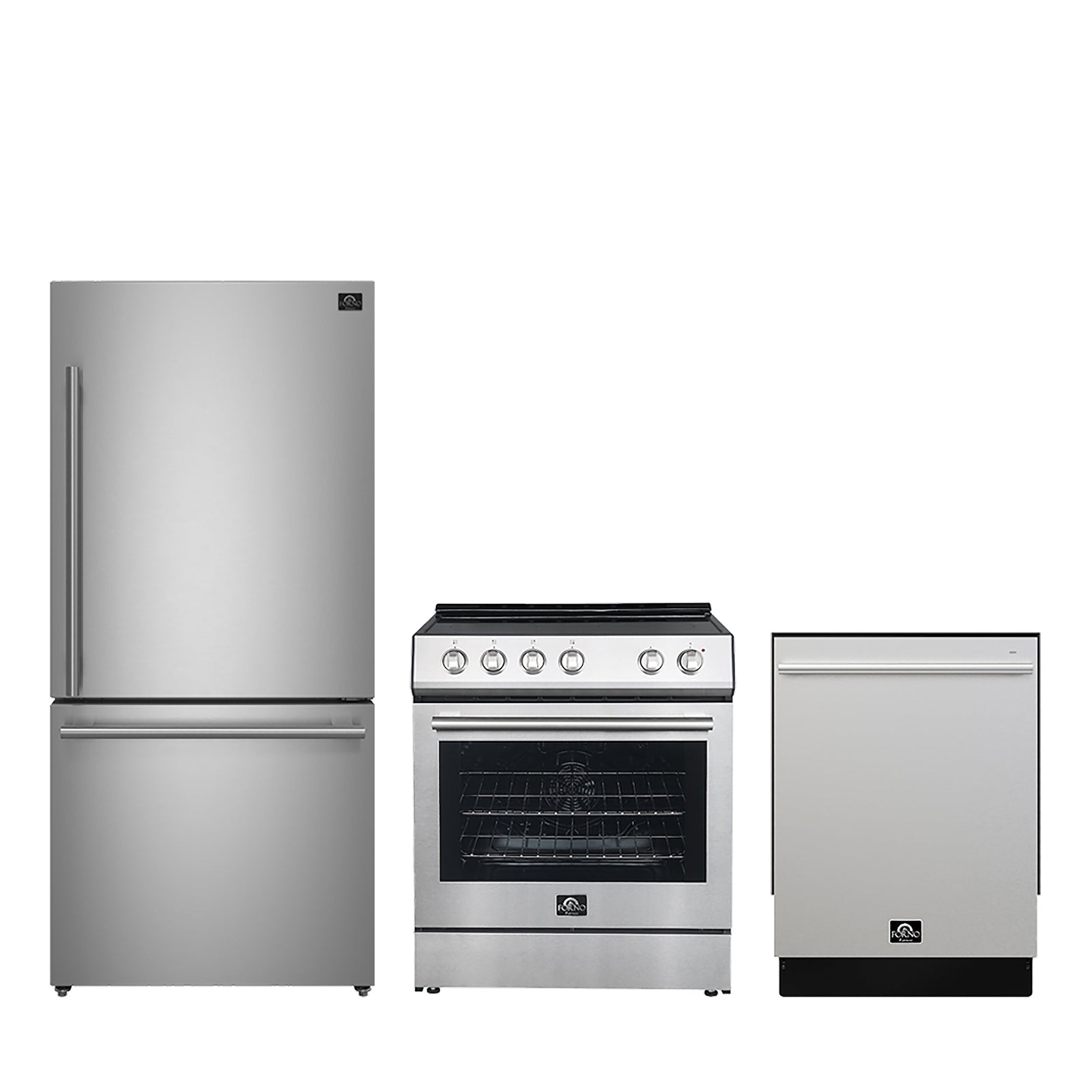 Forno Premium 3-Piece Kitchen Bundle - 30" Electric Range, 31" French Door Refrigerator, 24" Built-In Dishwasher, Stainless Steel - FBDL-011-01CA