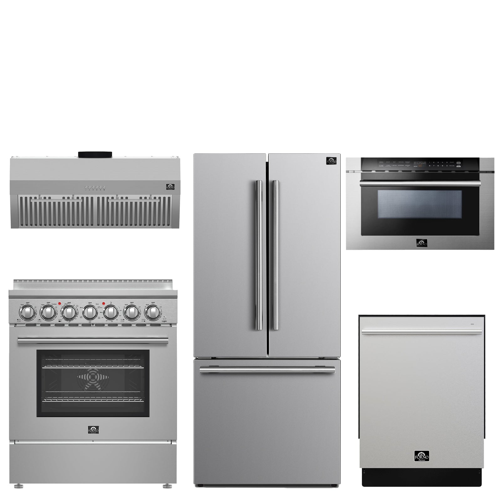 Forno 5-Piece Stainless Steel Kitchen Bundle - Home Depot Exclusive - 30" Electric Range, 30" French Door Refrigerator, 30" Range Hood, 24" Microwave Drawer, 24" Built-In Dishwasher - FBDL-THD-003