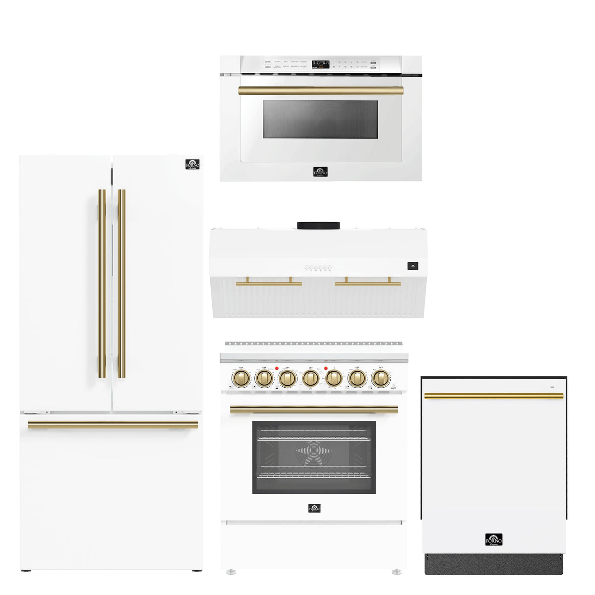 Forno 5-Piece White Stainless Steel Kitchen Bundle - Home Depot Exclusive - 30" Electric Range, 30" French Door Refrigerator, 30" Range Hood, 24" Microwave Drawer, 24" Built-In Dishwasher - FBDL-THD-003WHT