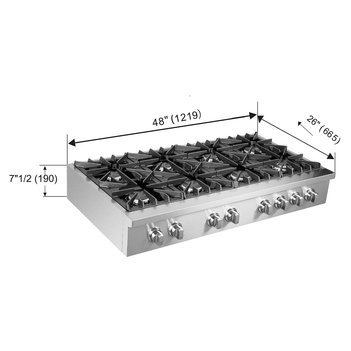 Forno Cossato Alta Qualita 48-Inch Pro-Style Gas Rangetop, Stainless Steel, 8 Sealed Burners, 107,000 BTU Total Output, Continuous Cast Iron Grates - FCTGS5737-48