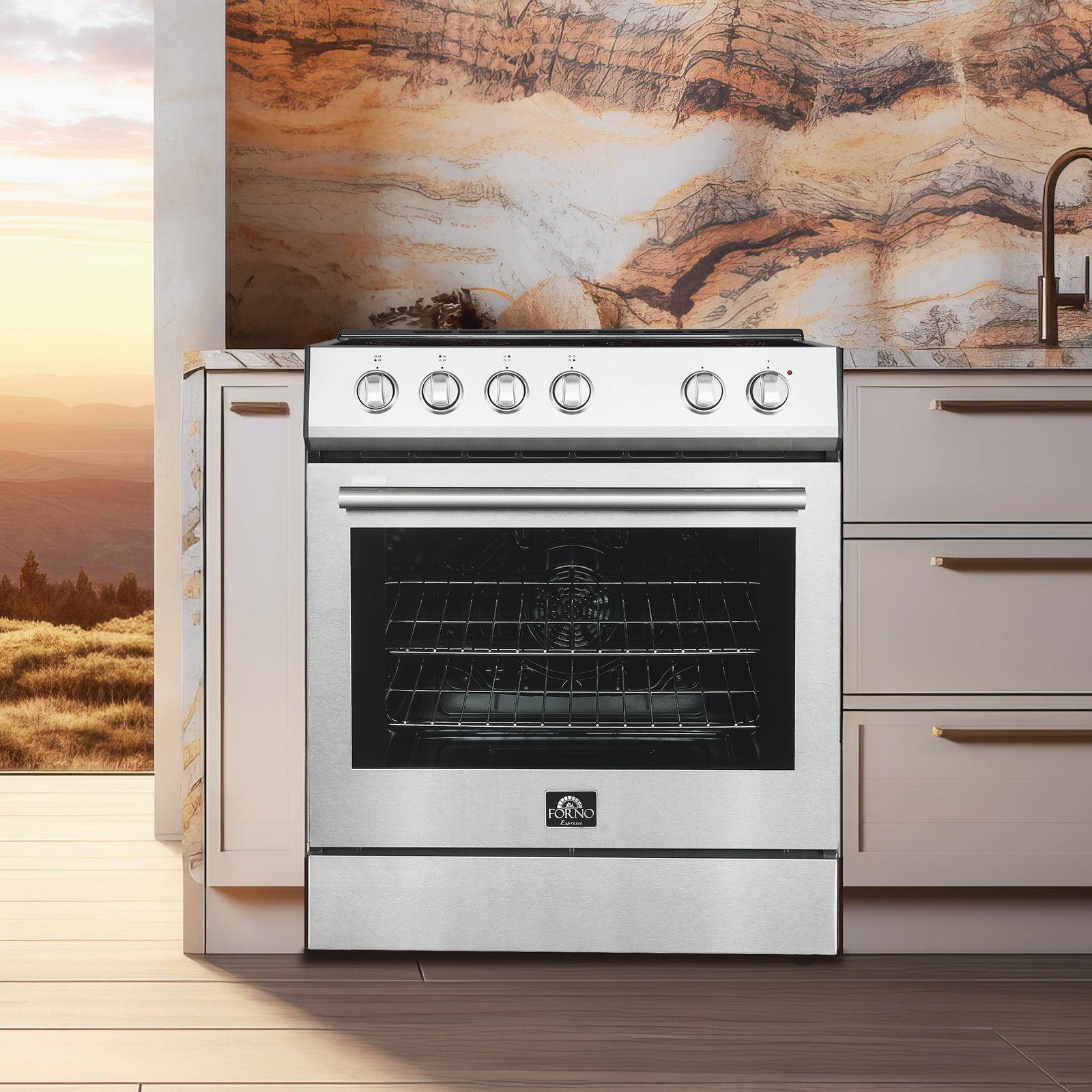 Forno Premium 3-Piece Kitchen Bundle - Leonardo Espresso 30" Stainless Steel Range, 31" Stainless Steel Bottom Freezer Refrigerator, 30" Stainless Steel Under Cabinet Range Hood - FBDL-001-01US