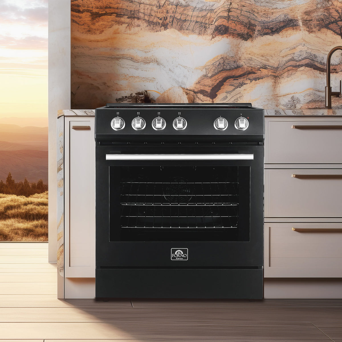 Forno Premium 3-Piece Kitchen Bundle - Leonardo Espresso 30" Black Range, 31" Black Bottom Freezer Refrigerator, 24" Black Built-In Dishwasher - FBDL-007-02US