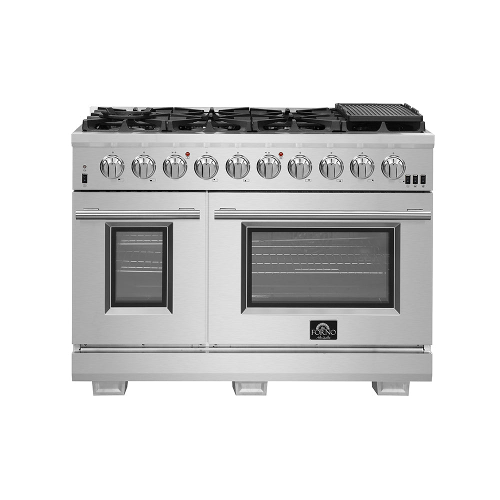 Forno Capriasca 48-inch Gas Range Stainless Steel, 8 Brass Burners 160,000 BTU, 6.58 cu.ft. Double Oven - FFSGS6260-48
