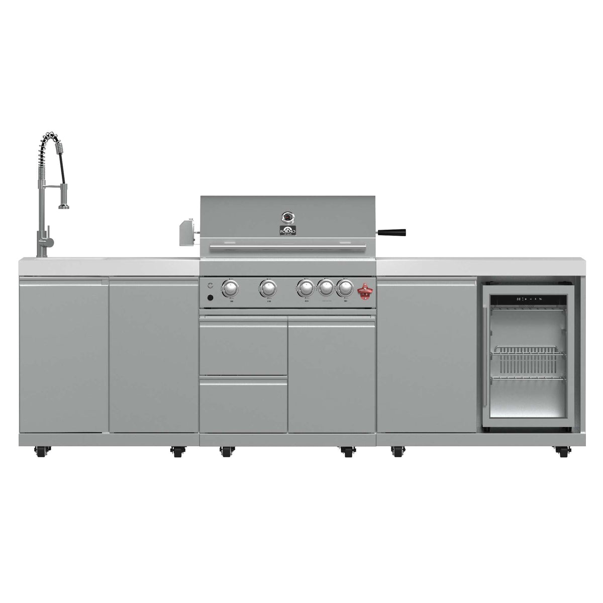Forno Bulnes 30-Inch BBQ, 60,000 BTU, 3 Burners with Sear & Rotisserie Infrared Burners, Stainless Steel Outdoor Kitchen with 1.8 cu.ft. Beverage Center & White Sintered Stone Countertops - FODKT2506WHT