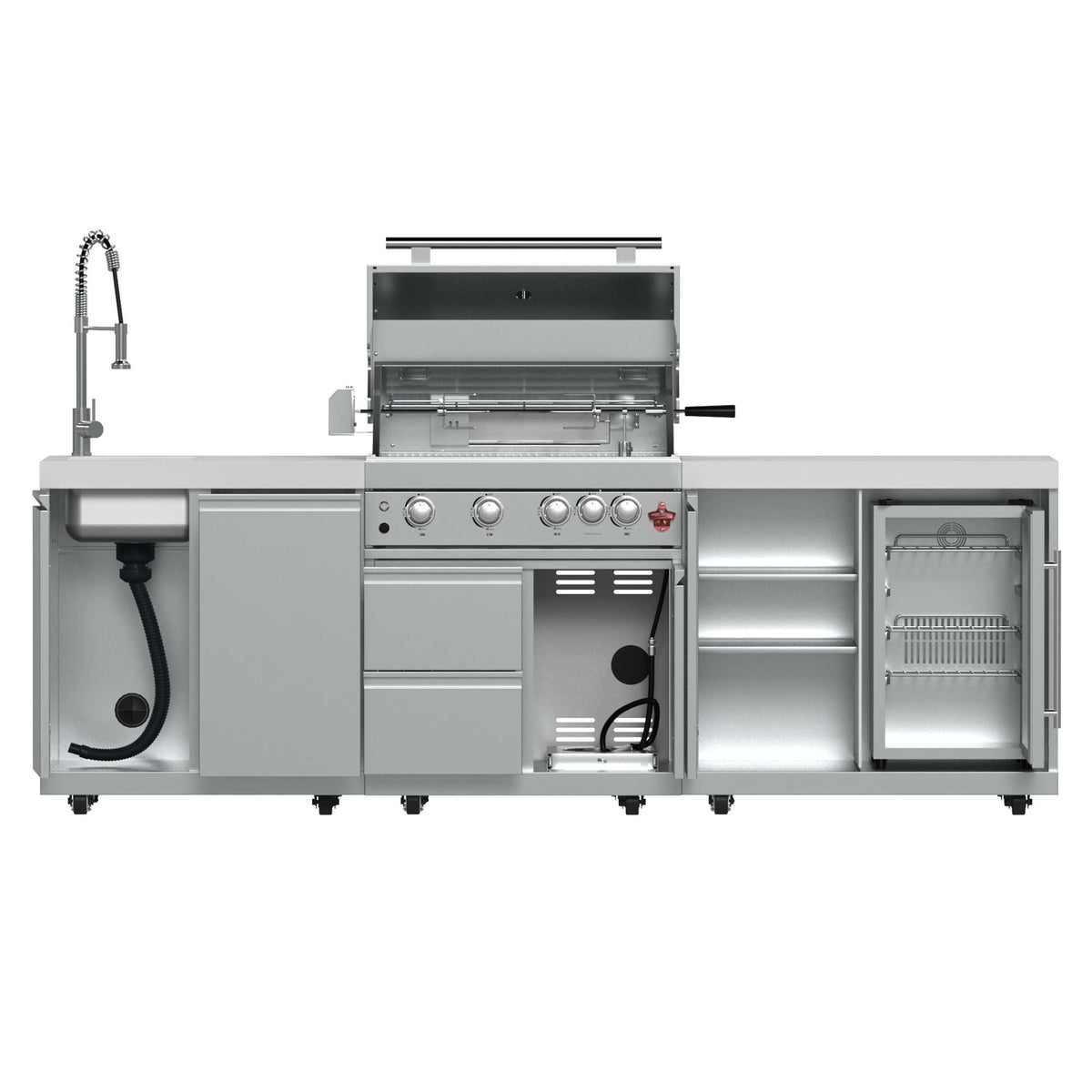 Forno Bulnes 30-Inch BBQ, 60,000 BTU, 3 Burners with Sear & Rotisserie Infrared Burners, Stainless Steel Outdoor Kitchen with 1.8 cu.ft. Beverage Center & White Sintered Stone Countertops - FODKT2506WHT