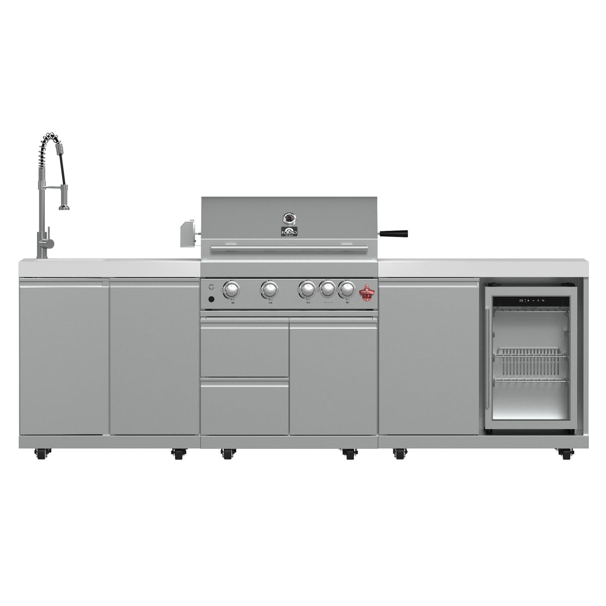 Forno Bulnes 30-Inch BBQ, 60,000 BTU, 3 Burners with Sear & Rotisserie Infrared Burners, Stainless Steel Outdoor Kitchen with 1.8 cu.ft. Beverage Center & White Sintered Stone Countertops - FODKT2506WHT