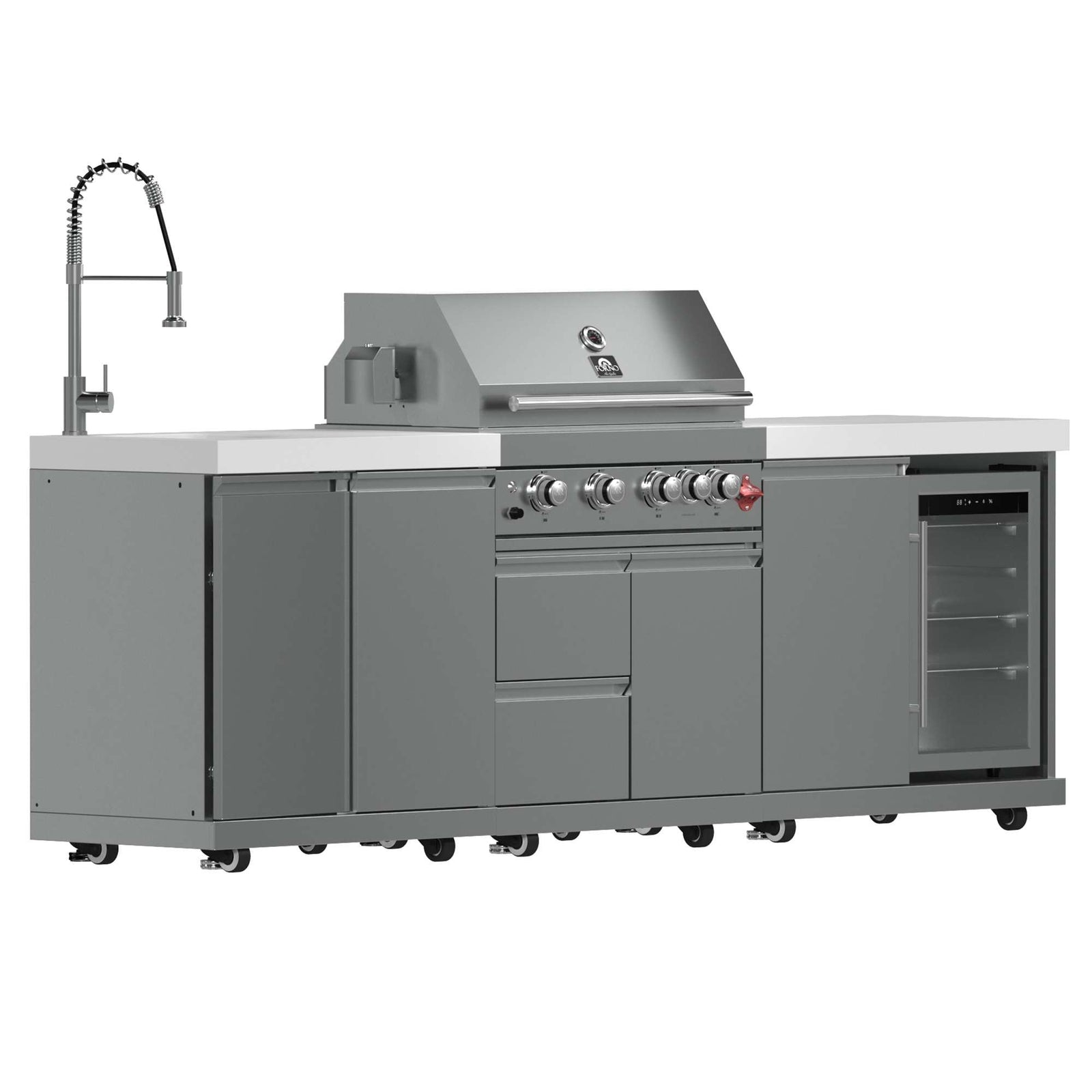 Forno Bulnes 30-Inch BBQ, 60,000 BTU, 3 Burners with Sear & Rotisserie Infrared Burners, Stainless Steel Outdoor Kitchen with 1.8 cu.ft. Beverage Center & White Sintered Stone Countertops - FODKT2506WHT