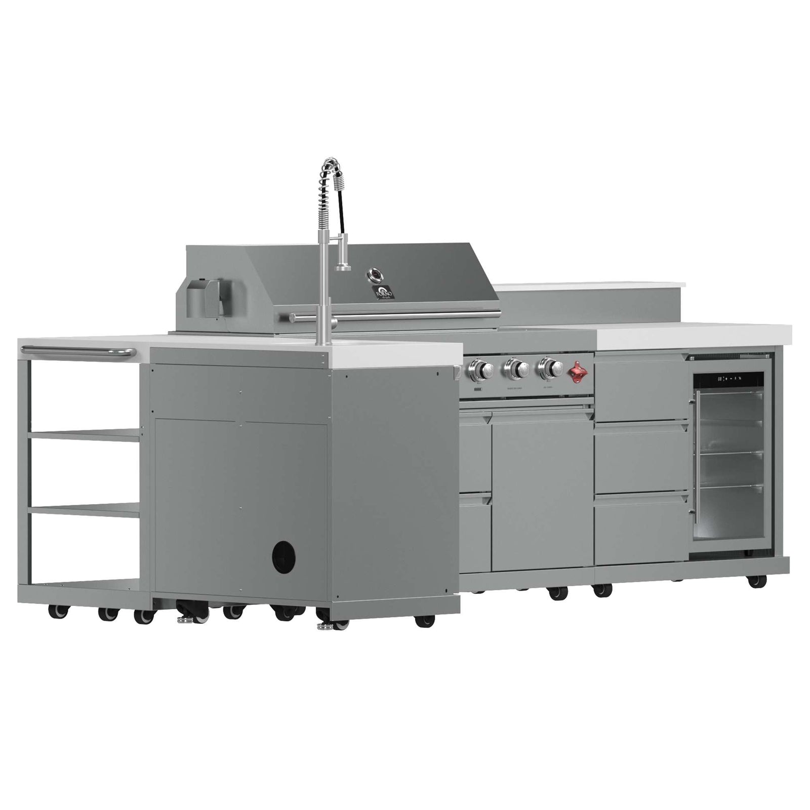 Forno Bulnes 40-Inch BBQ, 95,000 BTU, 5 Burners, Sear & Rotisserie Infrared with Side Burner, Stainless Steel Outdoor Kitchen with 1.8 cu.ft. Beverage Center & White Sintered Stone Countertops - FODKT2520WHT