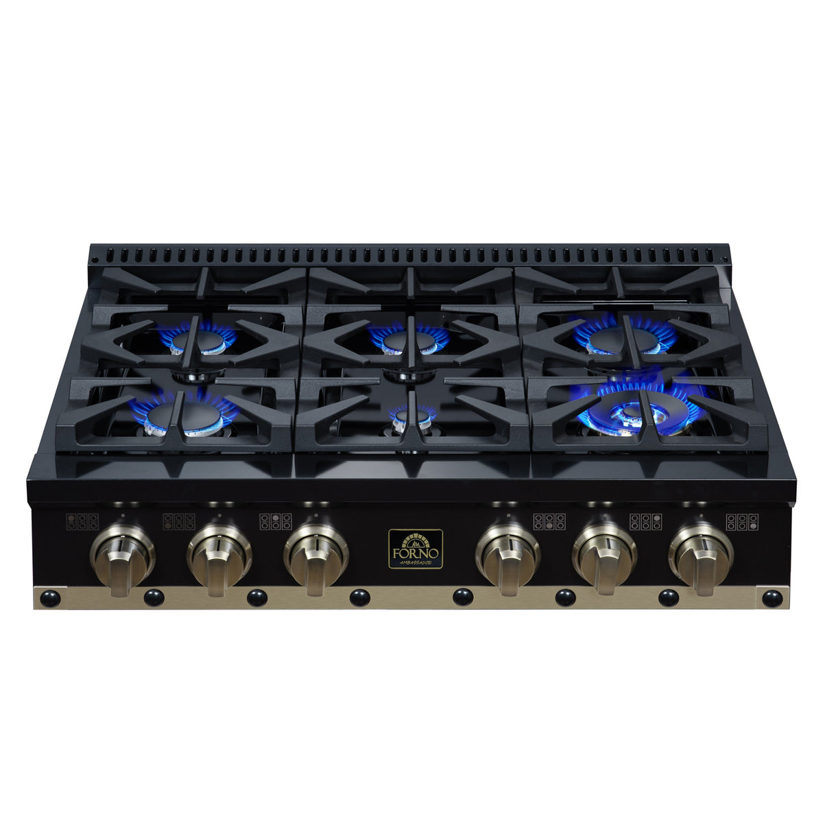 Forno Ambassador 36" Gas Cooktop in Black, 6 Sealed burners, 71,000 BUT Output, 1 Antique Brass Dual-Ring Burner, Continuous Cast Iron Grates - FCTGS5799-36CPBLK