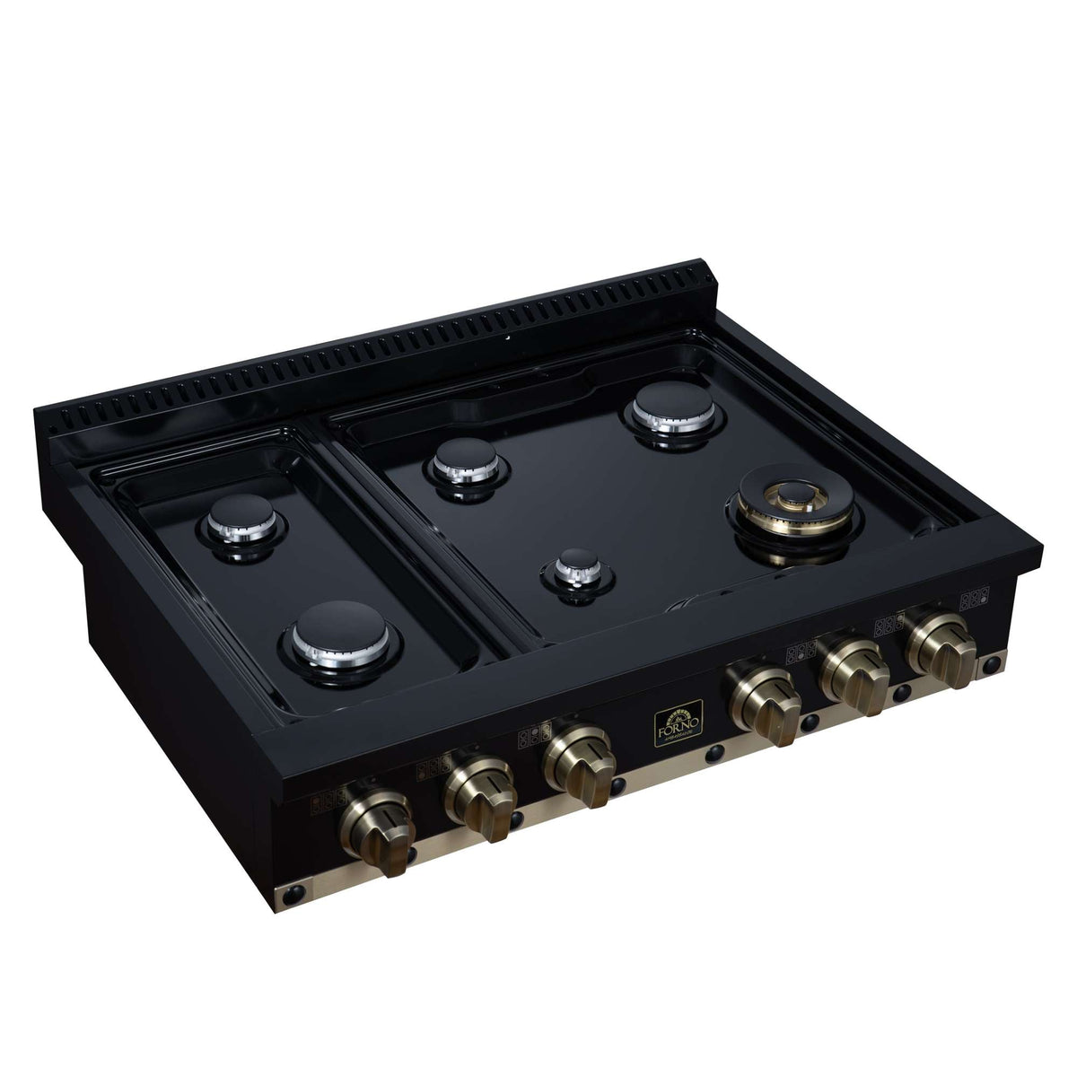 Forno Ambassador 36" Gas Cooktop in Black, 6 Sealed burners, 71,000 BUT Output, 1 Antique Brass Dual-Ring Burner, Continuous Cast Iron Grates - FCTGS5799-36CPBLK