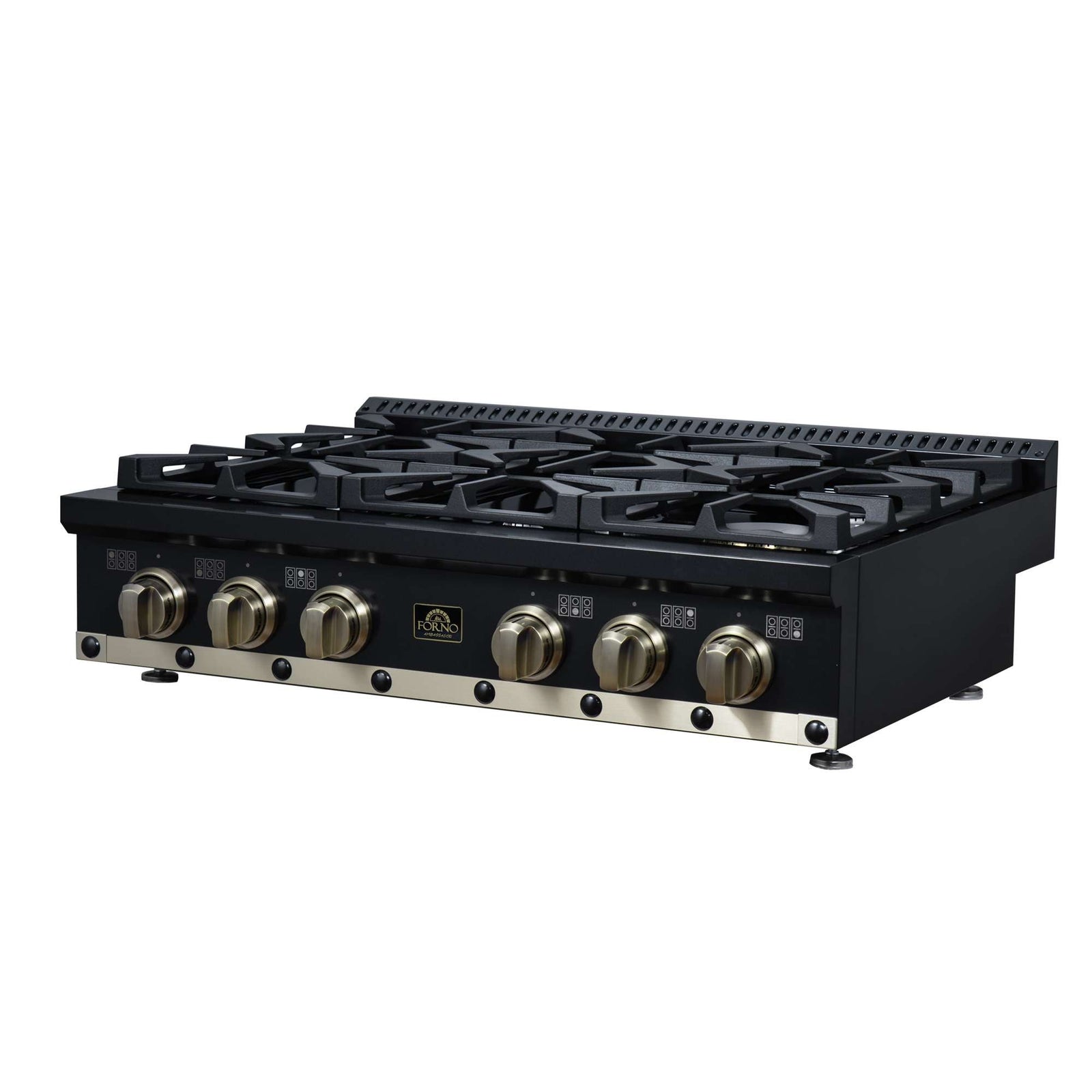 Forno Ambassador 36" Gas Cooktop in Black, 6 Sealed burners, 71,000 BUT Output, 1 Antique Brass Dual-Ring Burner, Continuous Cast Iron Grates - FCTGS5799-36CPBLK