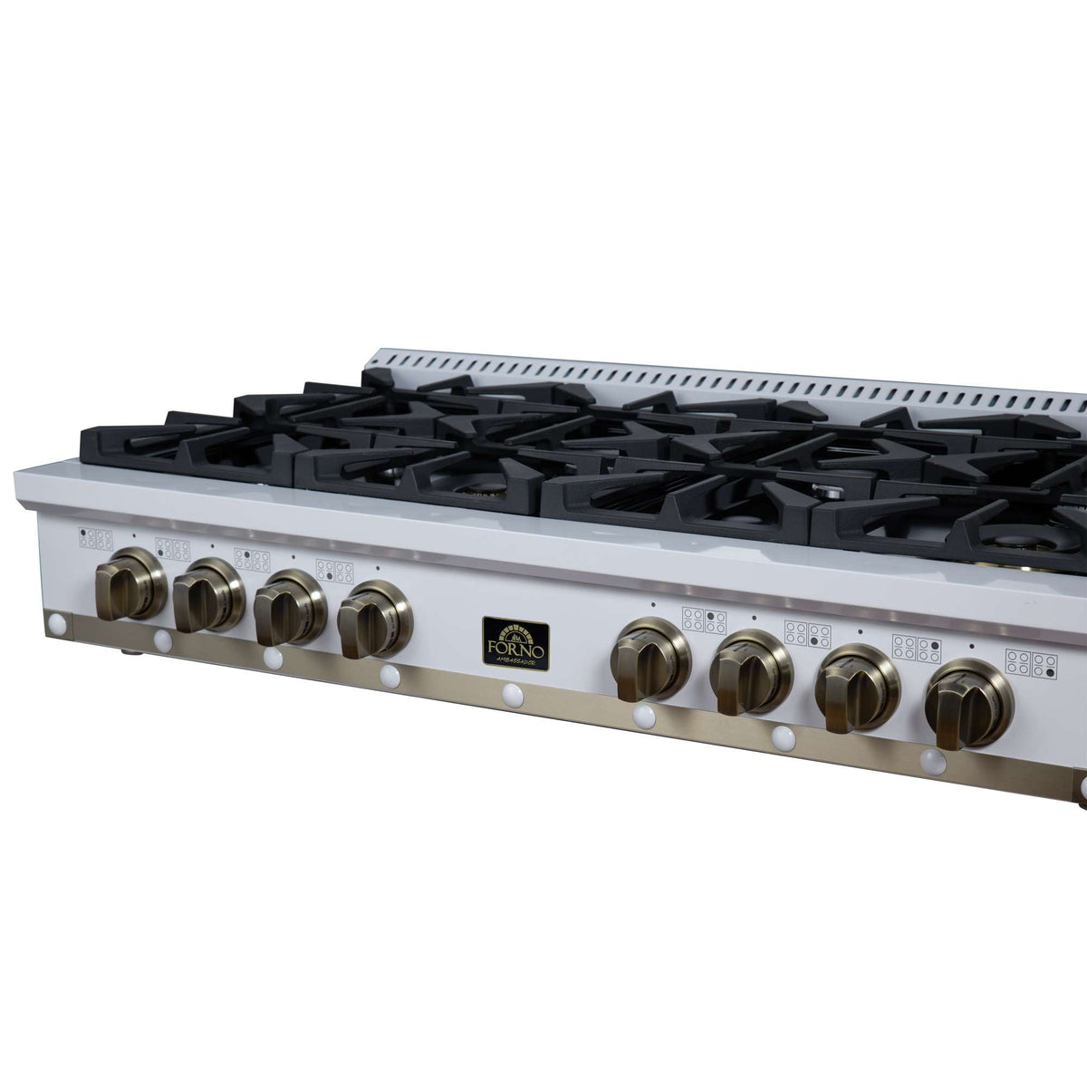 Forno Ambassador 48" Gas Cooktop in White, 8 Sealed burners, 94,000 BUT Output, 2 Antique Brass Dual-Ring Burners, Continuous Cast Iron Grates - FCTGS5799-48CPWHT