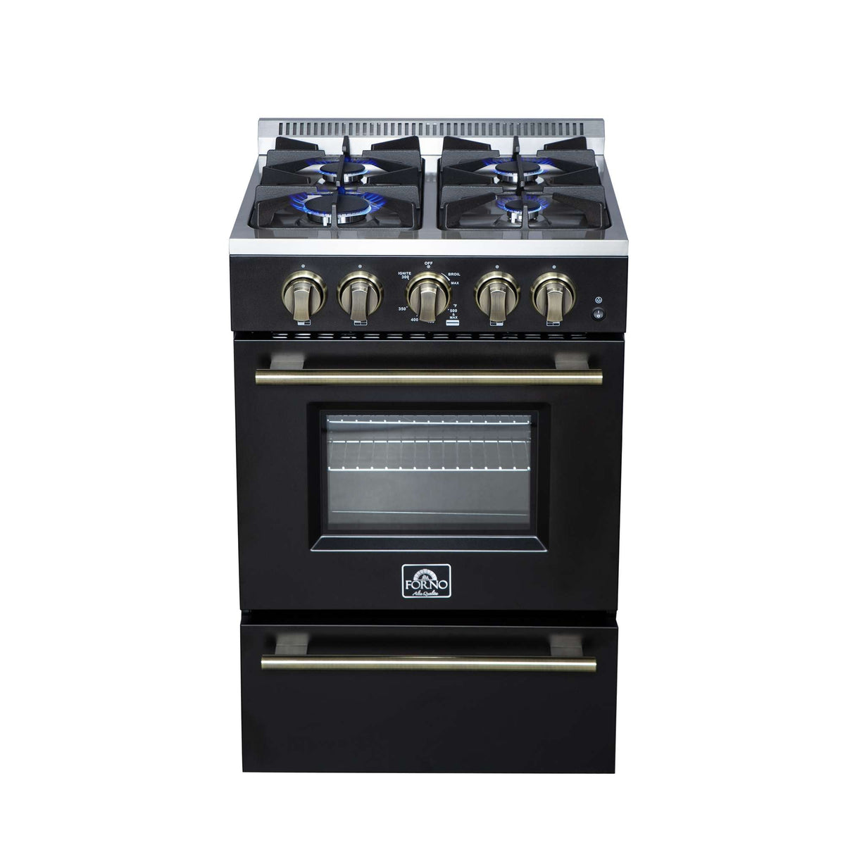 Forno Breno 24 Inch Freestanding Gas Range in Black with Antique Brass, Compact Design - FFSGS6272-24BLK