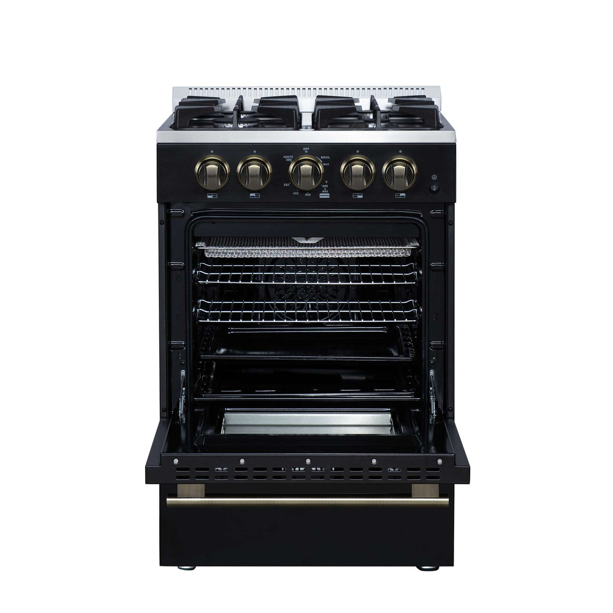 Forno Breno 24 Inch Freestanding Gas Range in Black with Antique Brass, Compact Design - FFSGS6272-24BLK