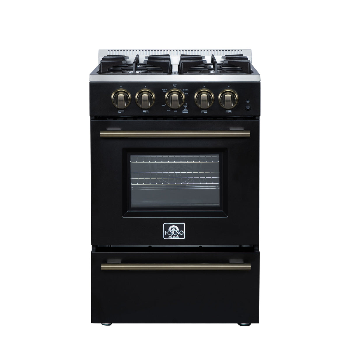Forno Breno 24 Inch Freestanding Gas Range in Black with Antique Brass, Compact Design - FFSGS6272-24BLK