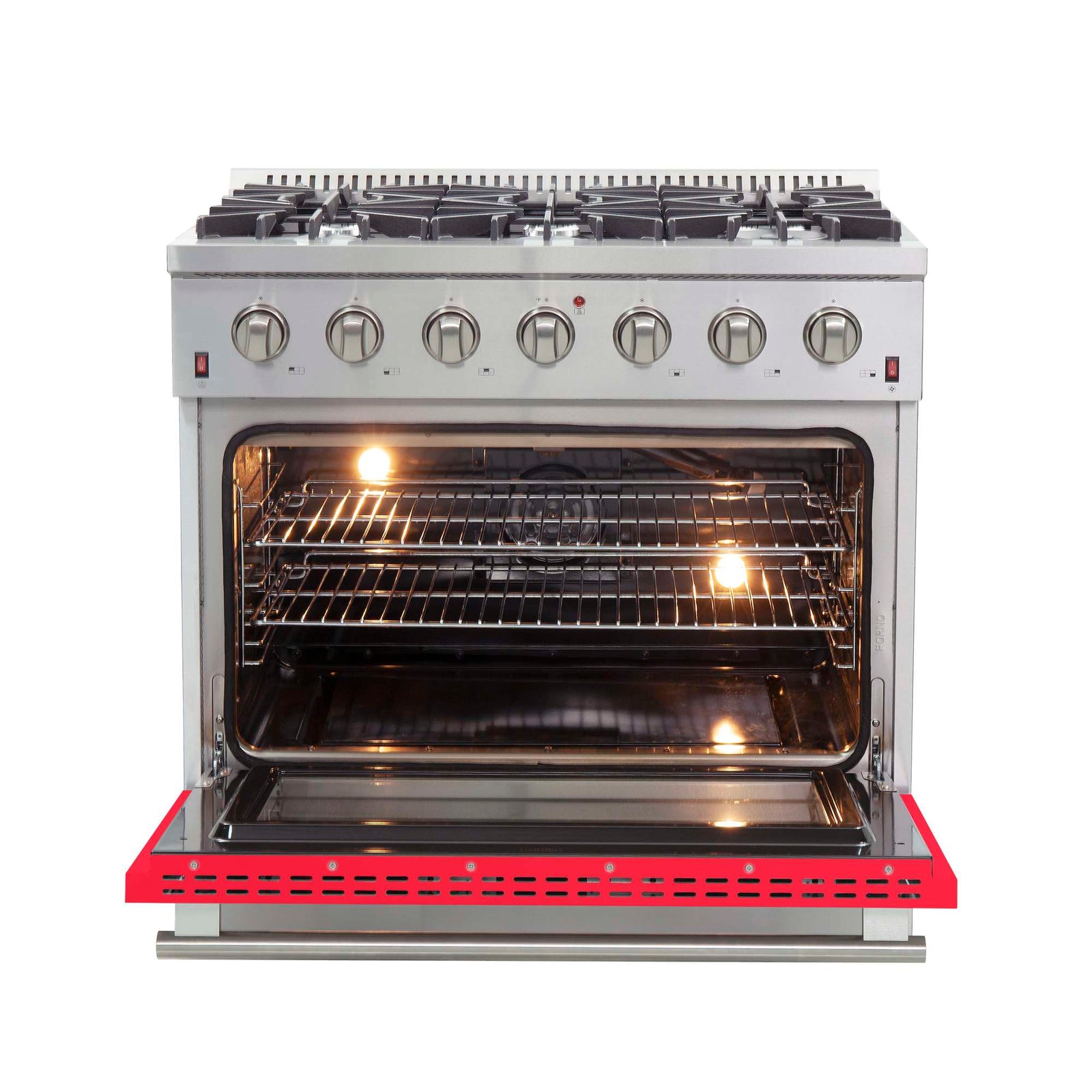 Forno Galiano 36-Inch Freestanding Gas Range, Stainless Steel, 6 Burners, Energy Efficient, Red Door - FFSGS6244-36RED