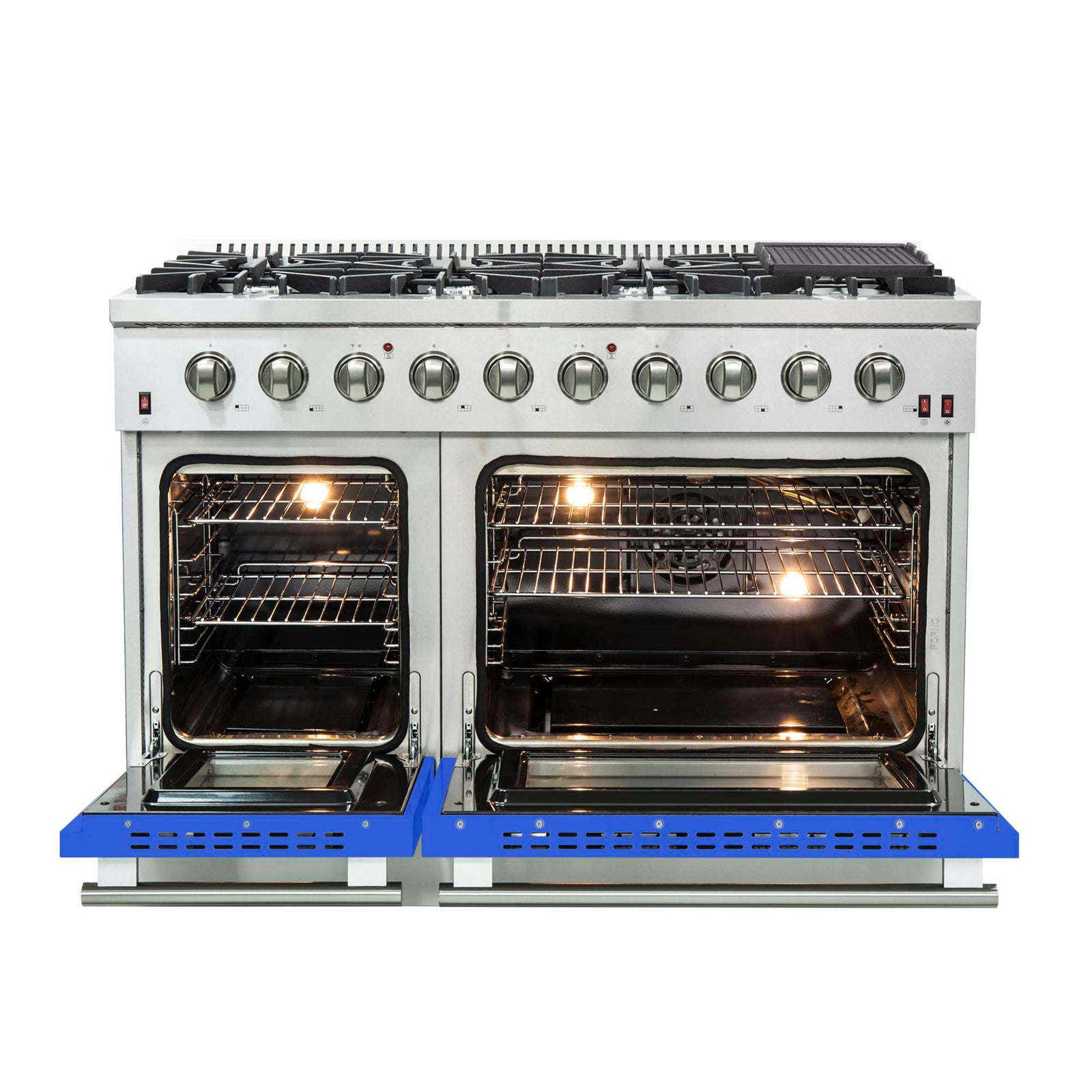 Forno Galiano 48-Inch Freestanding Gas Range, Stainless Steel, 8 Burners, 107,000 BTU, Griddle, Double Ovens, Energy Efficient, Blue Doors - FFSGS6244-48BLU
