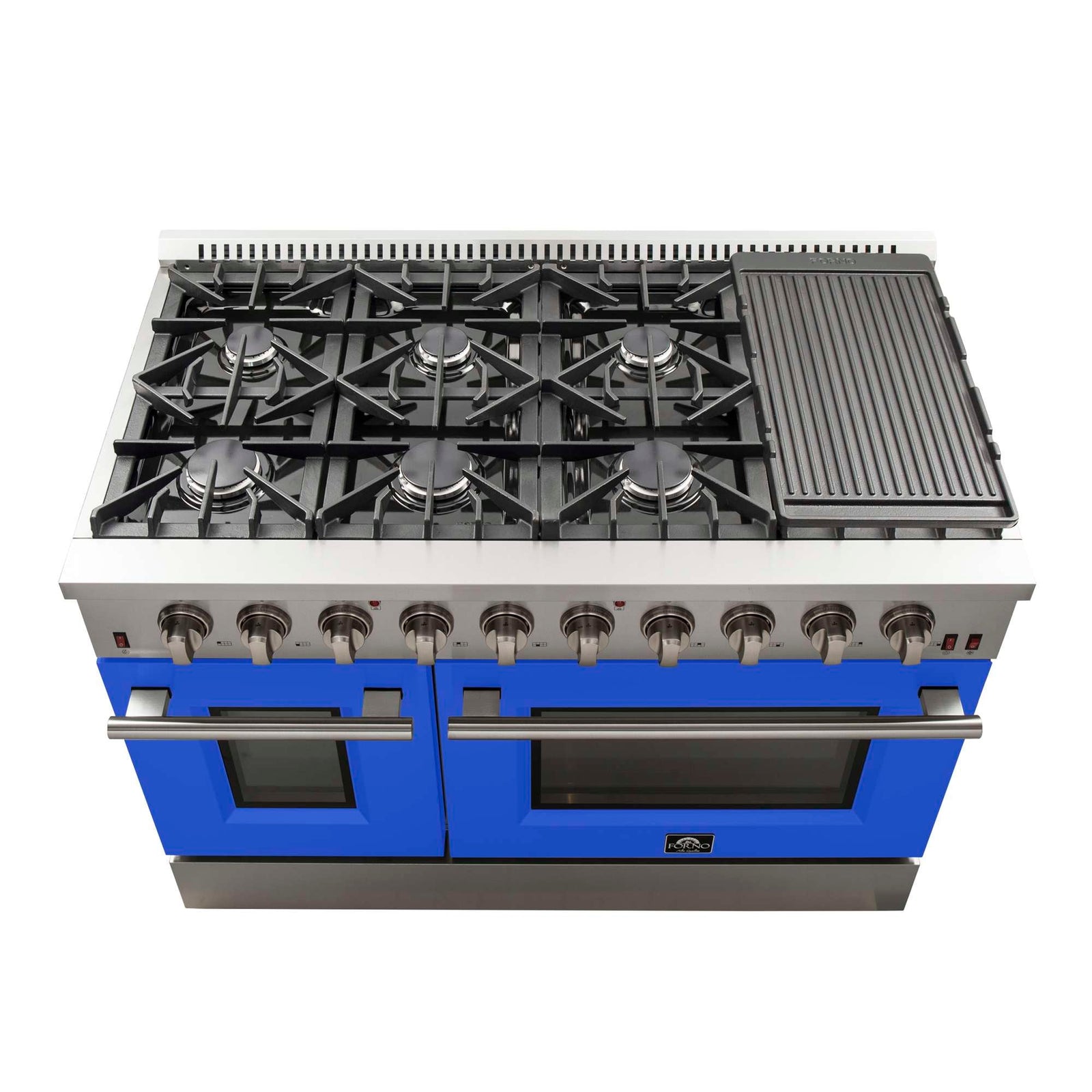 Forno Galiano 48-Inch Freestanding Gas Range, Stainless Steel, 8 Burners, 107,000 BTU, Griddle, Double Ovens, Energy Efficient, Blue Doors - FFSGS6244-48BLU