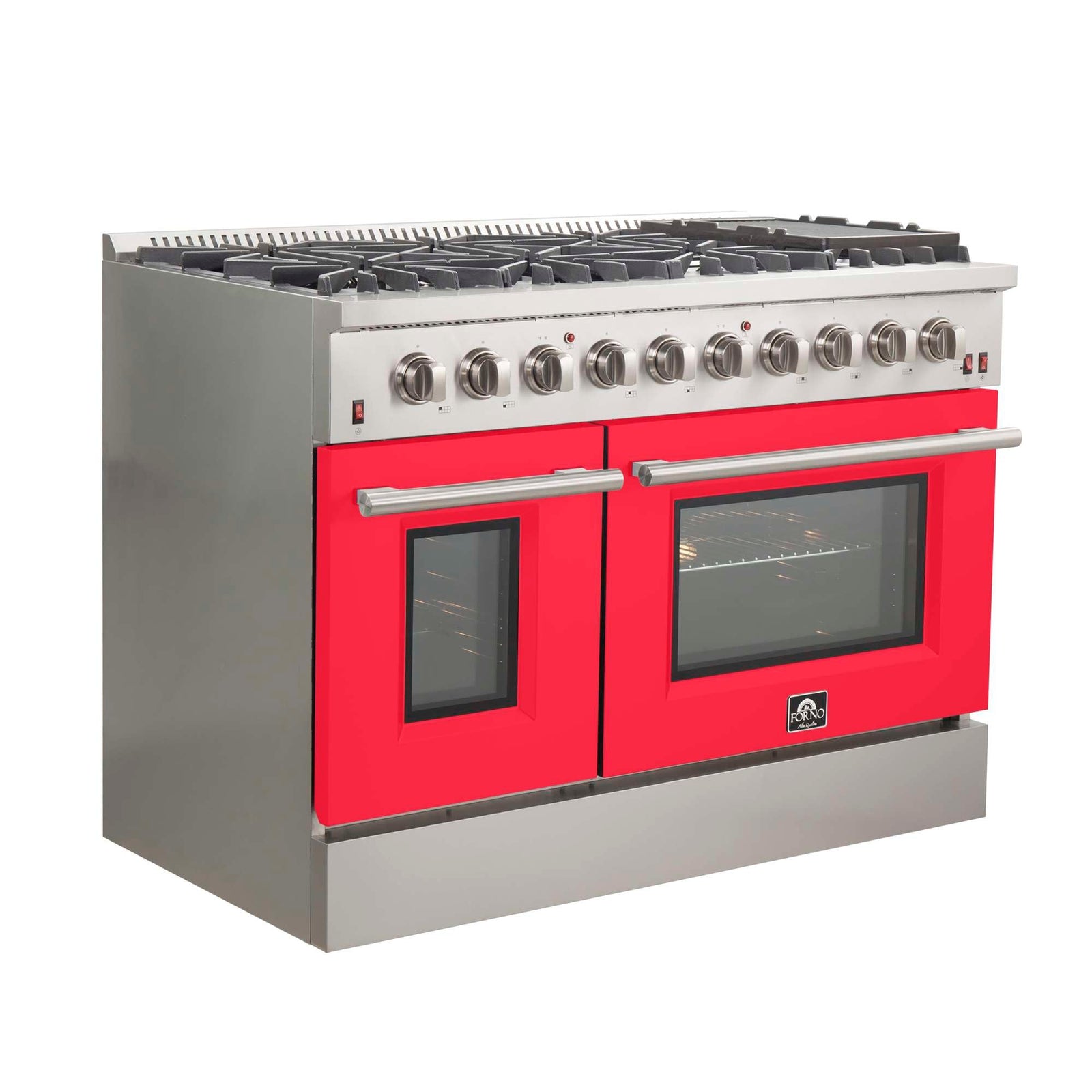 Forno Galiano 48-Inch Freestanding Gas Range, Stainless Steel, 8 Burners, 107,000 BTU, Griddle, Double Ovens, Energy Efficient, Red Doors - FFSGS6244-48RED