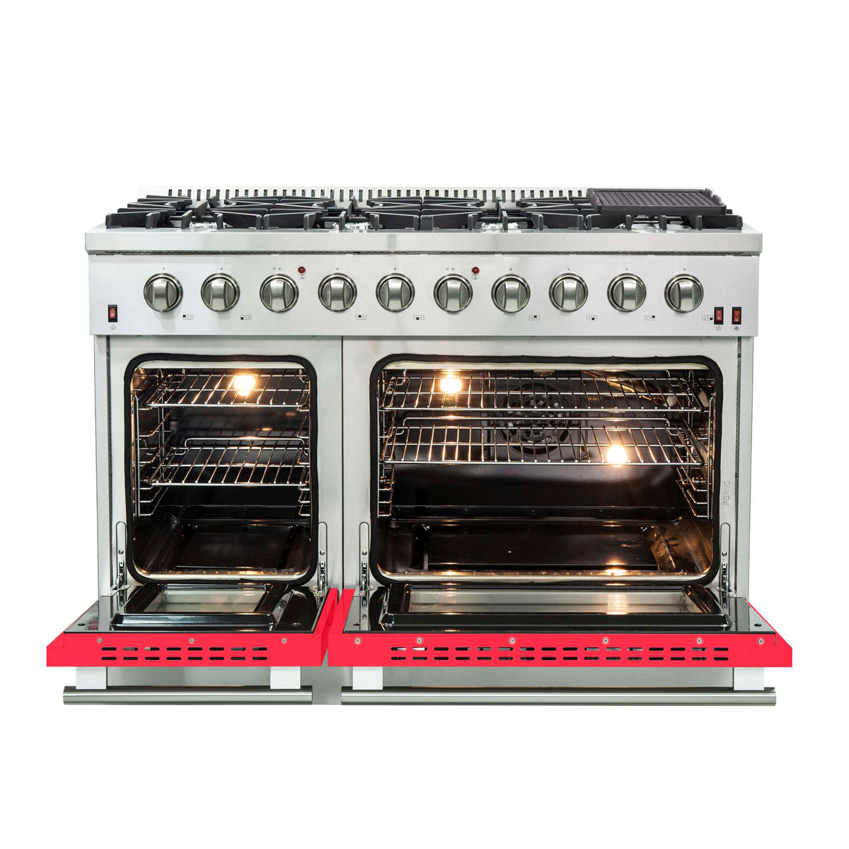 Forno Galiano 48-Inch Freestanding Gas Range, Stainless Steel, 8 Burners, 107,000 BTU, Griddle, Double Ovens, Energy Efficient, Red Doors - FFSGS6244-48RED