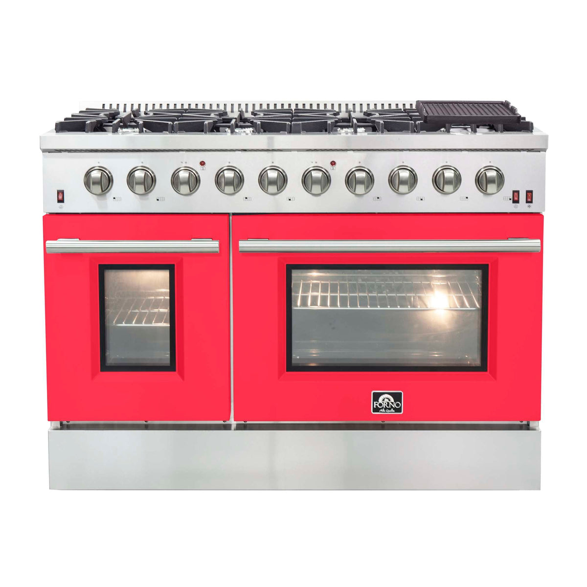 Forno Galiano 48-Inch Freestanding Gas Range, Stainless Steel, 8 Burners, 107,000 BTU, Griddle, Double Ovens, Energy Efficient, Red Doors - FFSGS6244-48RED