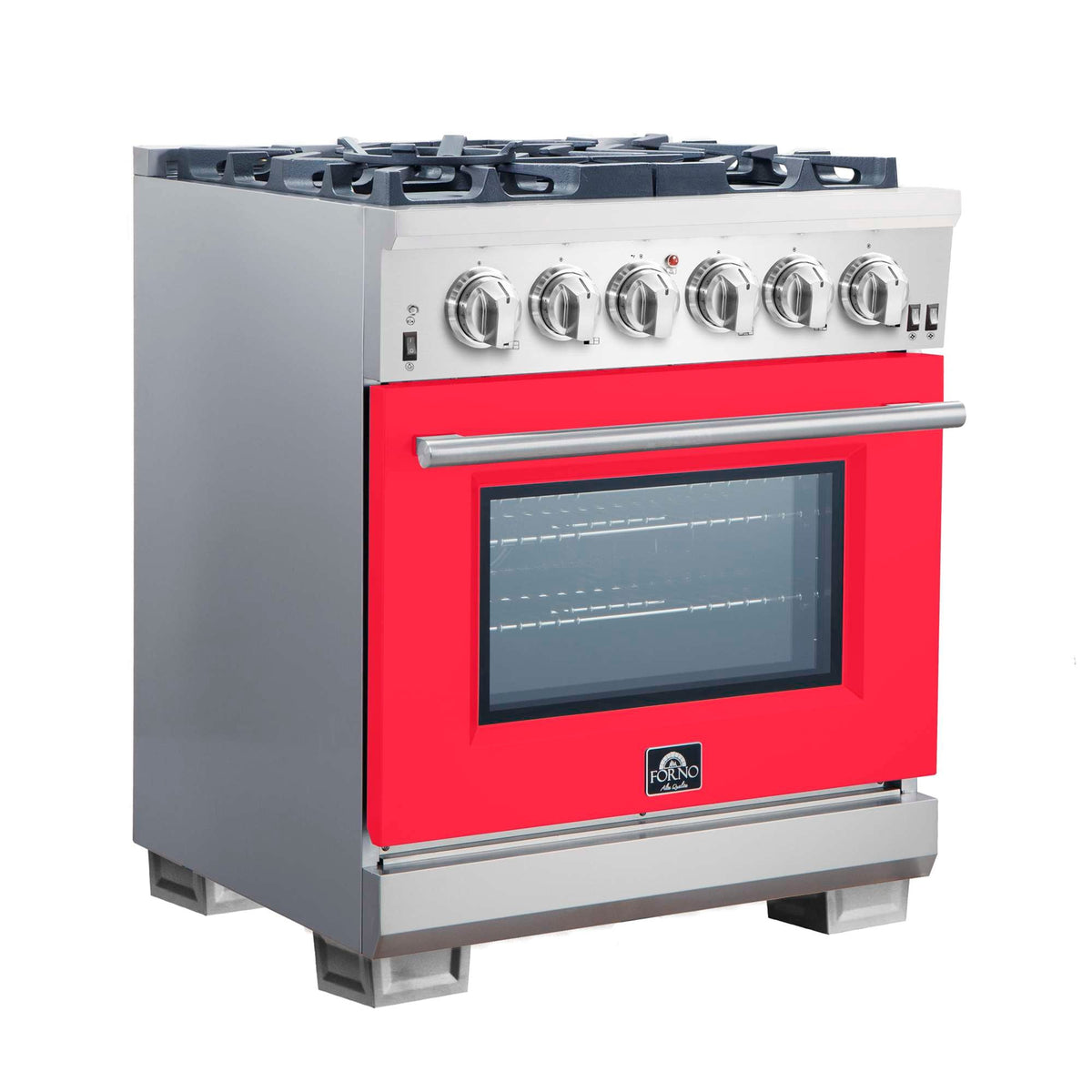 Forno Capriasca 30-Inch Freestanding Gas Range, 4 Burners, True Convection Oven, Red Door - FFSGS6260-30RED