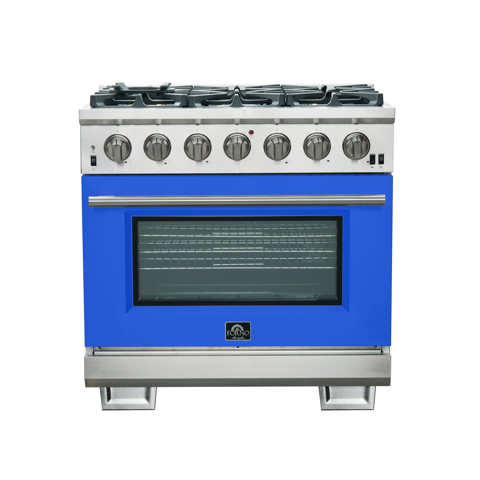 Forno Capriasca 36-Inch Gas Range, Stainless Steel, 6 Brass Burners, 120,000 BTU, Convection Oven, Energy Efficient, Blue Door - FFSGS6260-36BLU
