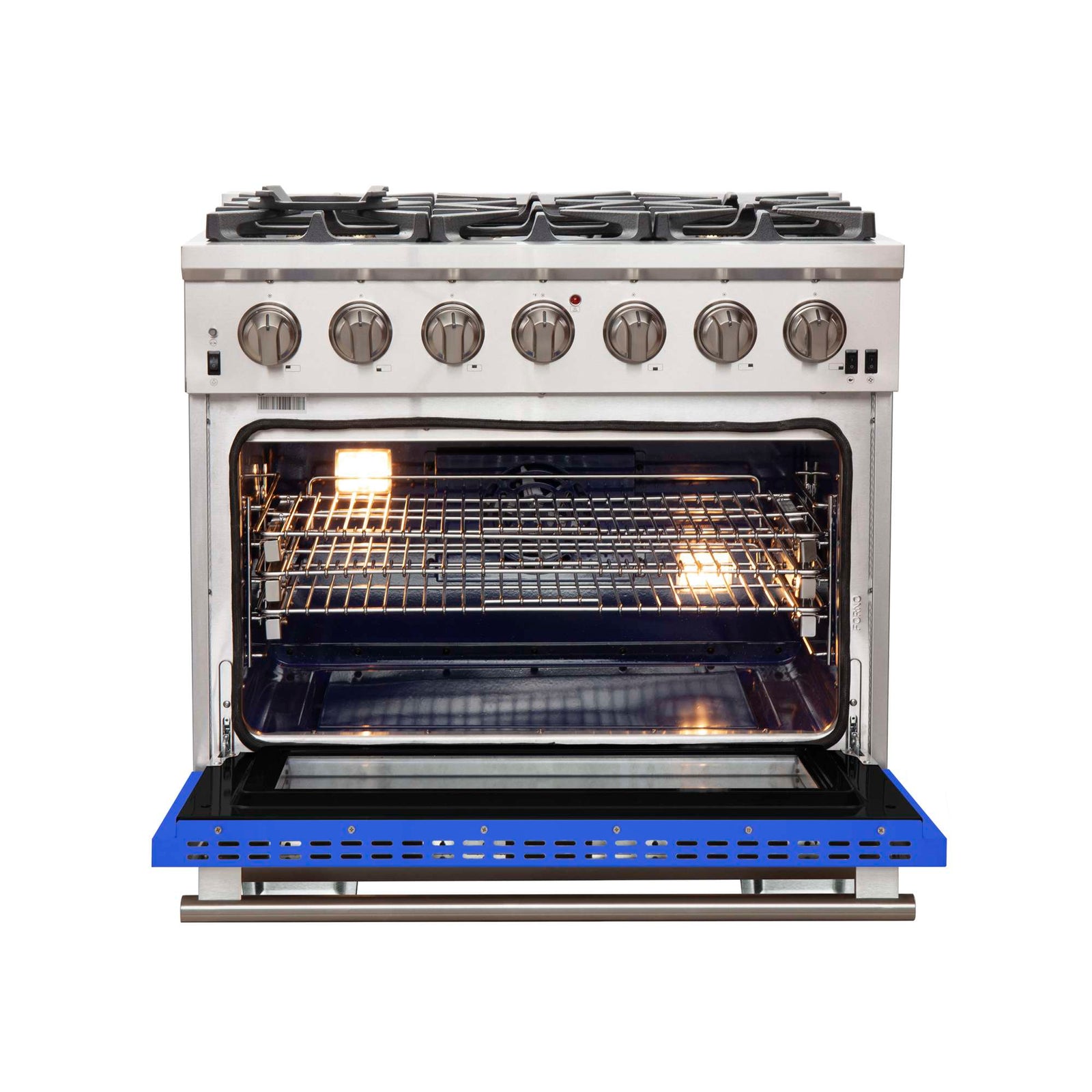 Forno Capriasca 36-Inch Gas Range, Stainless Steel, 6 Brass Burners, 120,000 BTU, Convection Oven, Energy Efficient, Blue Door - FFSGS6260-36BLU