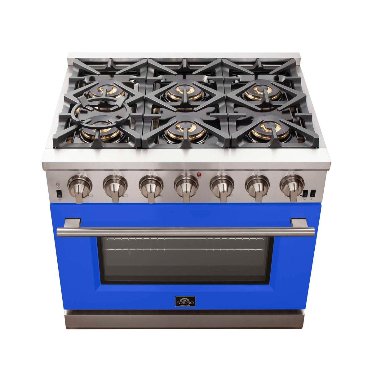 Forno Capriasca 36-Inch Gas Range, Stainless Steel, 6 Brass Burners, 120,000 BTU, Convection Oven, Energy Efficient, Blue Door - FFSGS6260-36BLU