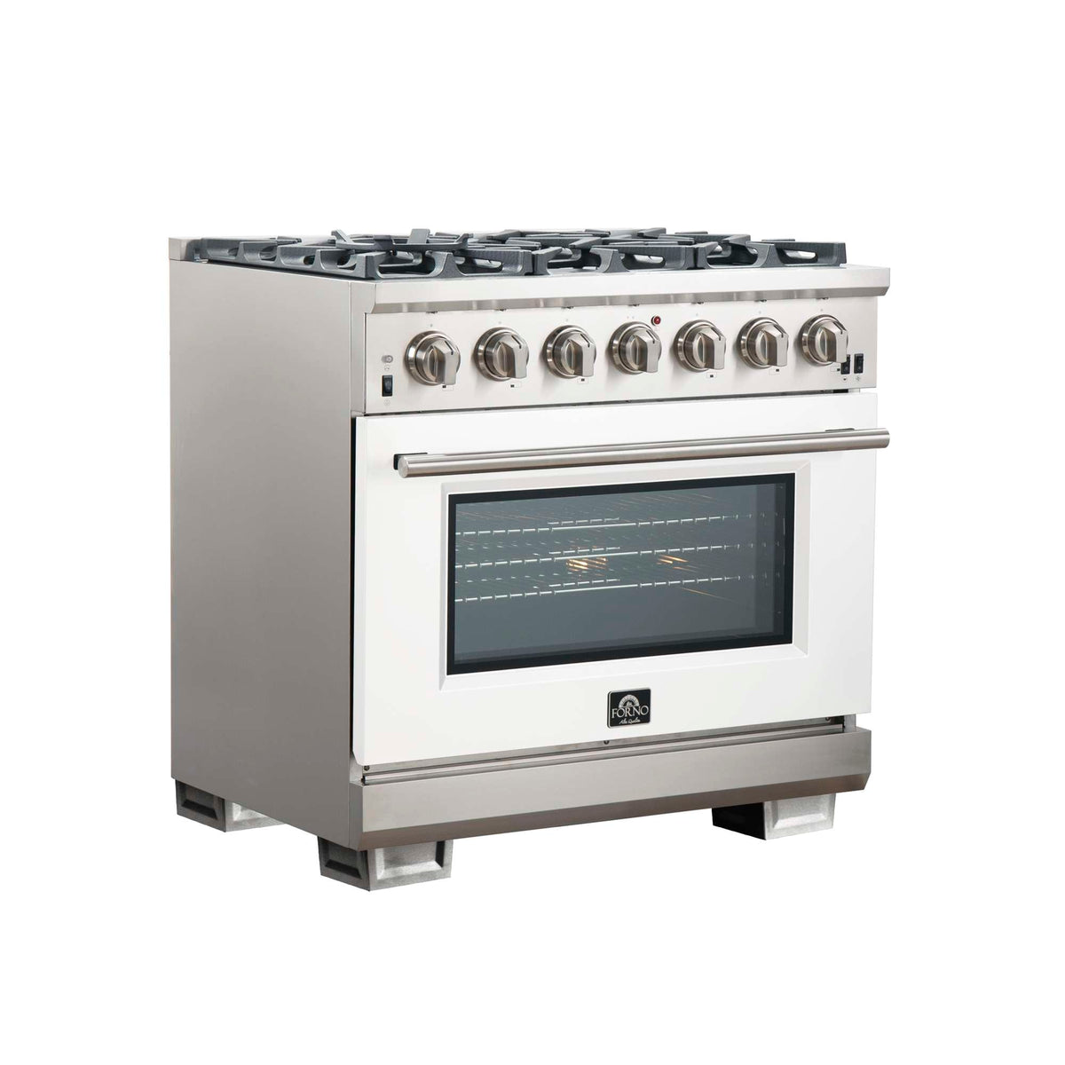 Forno Capriasca 36-Inch Gas Range, Stainless Steel, 6 Brass Burners, 120,000 BTU, Convection Oven, Energy Efficient, White Door - FFSGS6260-36WHT
