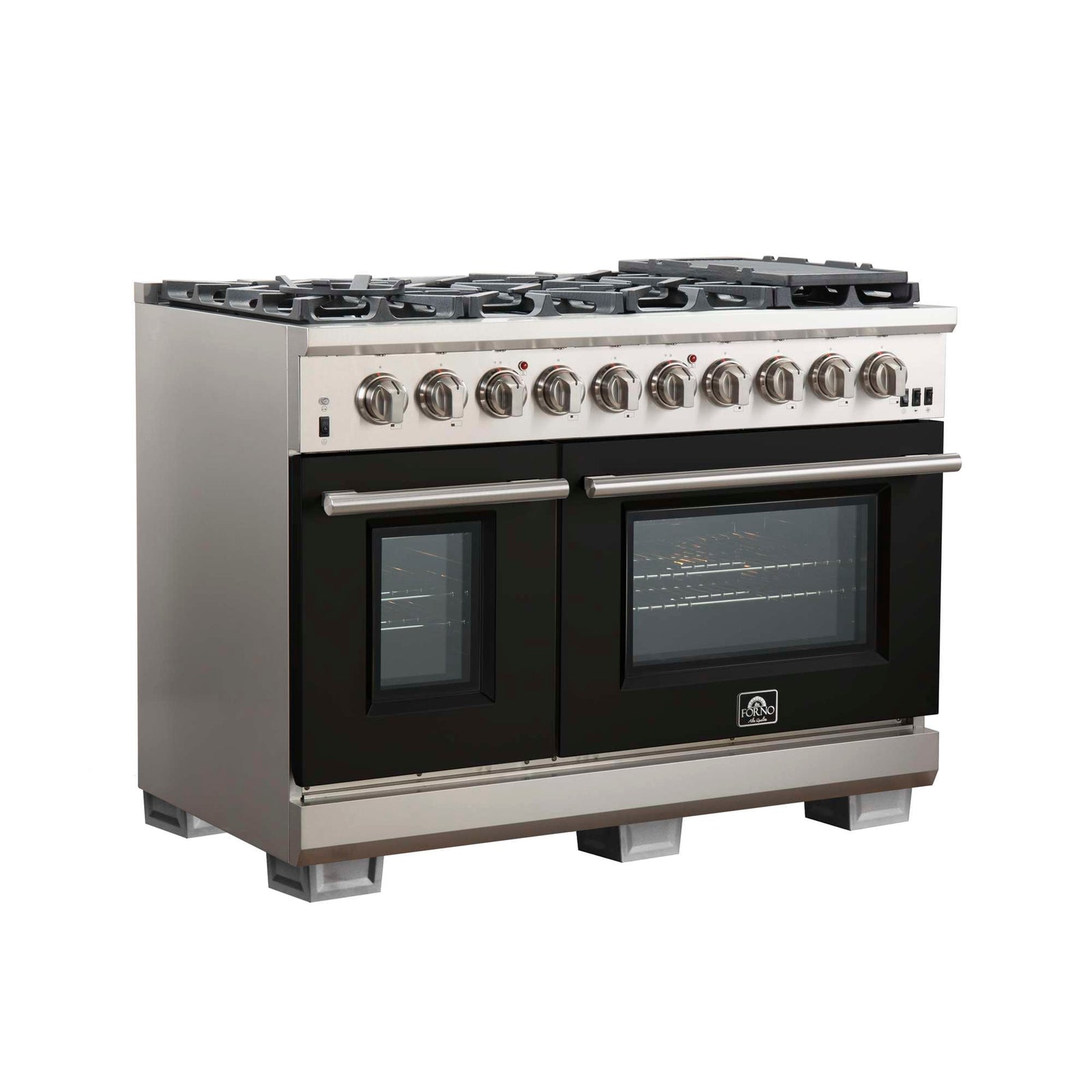Forno Capriasca 48-inch Gas Range Stainless Steel, 8 Brass Burners 160,000 BTU, 6.58 cu.ft. Double Oven, Black Doors - FFSGS6260-48BLK