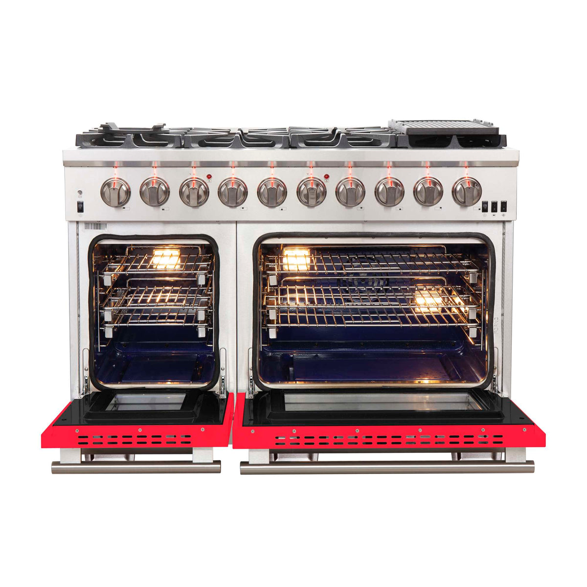 Forno Capriasca 48-inch Gas Range Stainless Steel, 8 Brass Burners 160,000 BTU, 6.58 cu.ft. Double Oven, Red Doors - FFSGS6260-48RED