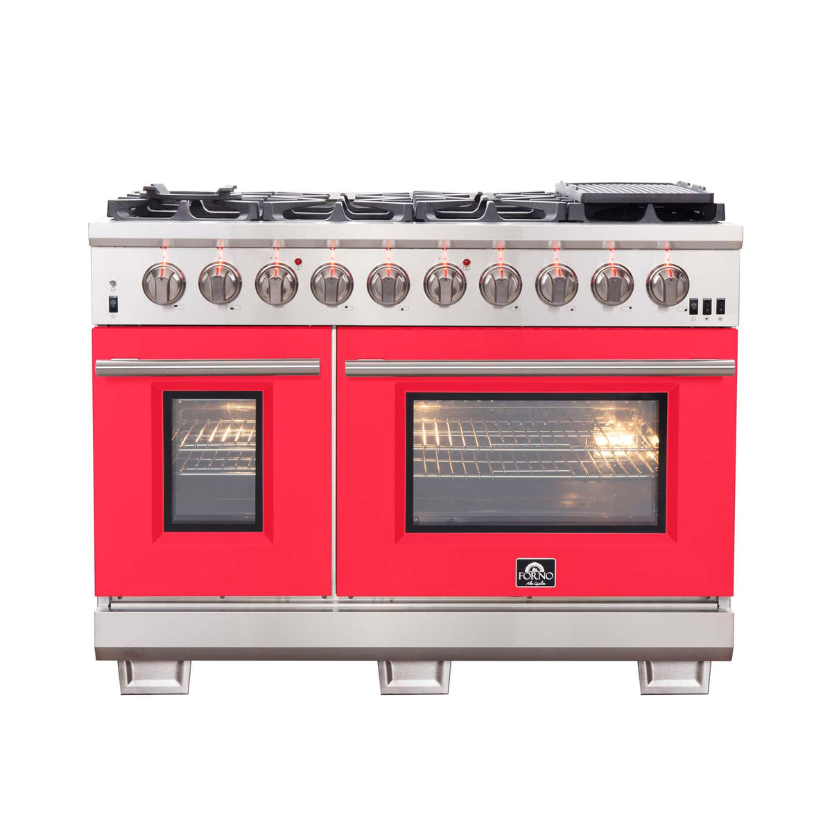 Forno Capriasca 48-inch Gas Range Stainless Steel, 8 Brass Burners 160,000 BTU, 6.58 cu.ft. Double Oven, Red Doors - FFSGS6260-48RED