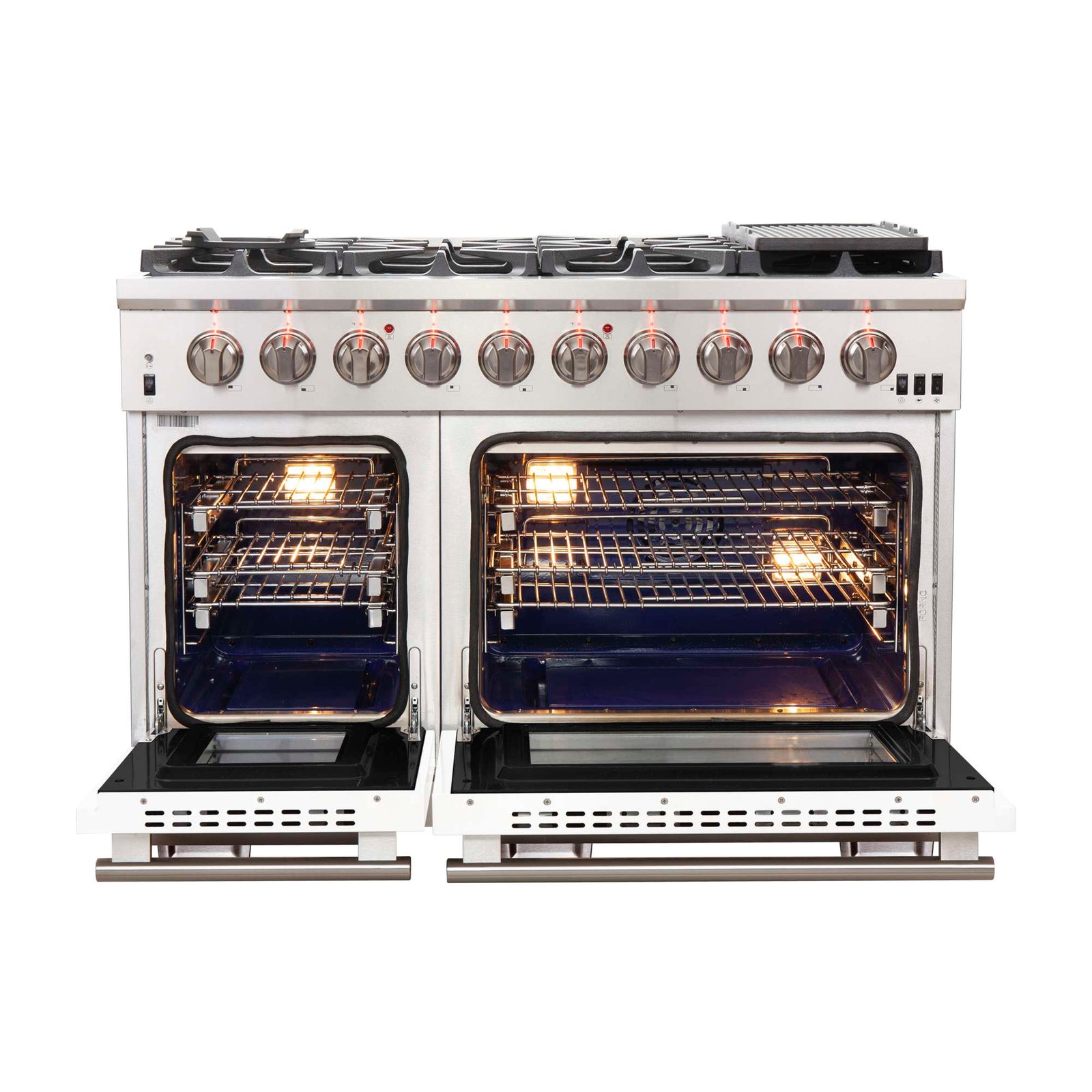 Forno Capriasca 48-inch Gas Range Stainless Steel, 8 Brass Burners 160,000 BTU, 6.58 cu.ft. Double Oven, White Doors - FFSGS6260-48WHT