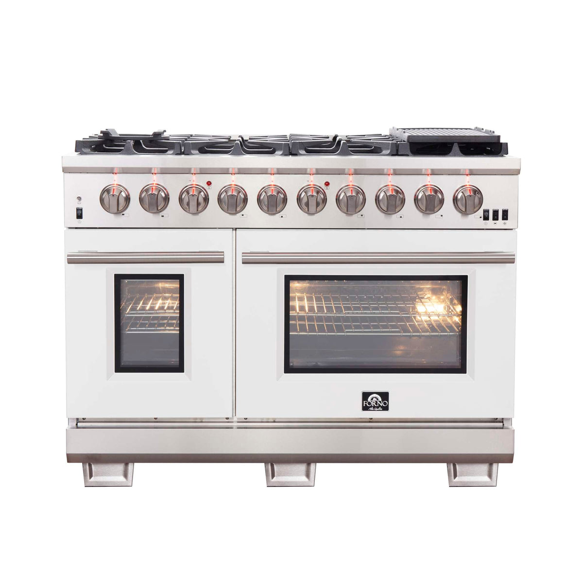 Forno Capriasca 48-inch Gas Range Stainless Steel, 8 Brass Burners 160,000 BTU, 6.58 cu.ft. Double Oven, White Doors - FFSGS6260-48WHT