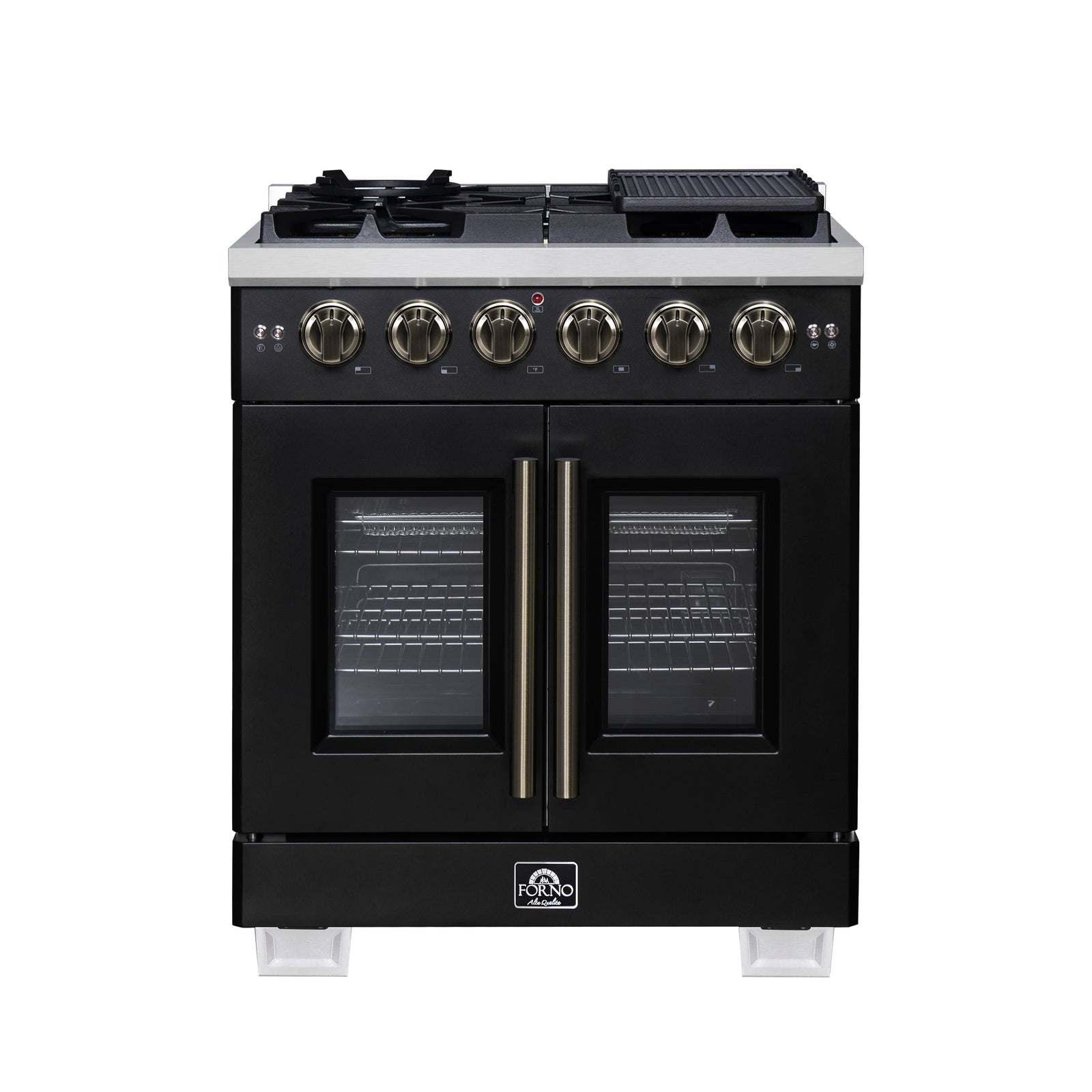Forno Capriasca 30-Inch Freestanding French Door Gas Range, 4 Burners, Convection Oven, Energy Efficient - FFSGS6460-30BLK