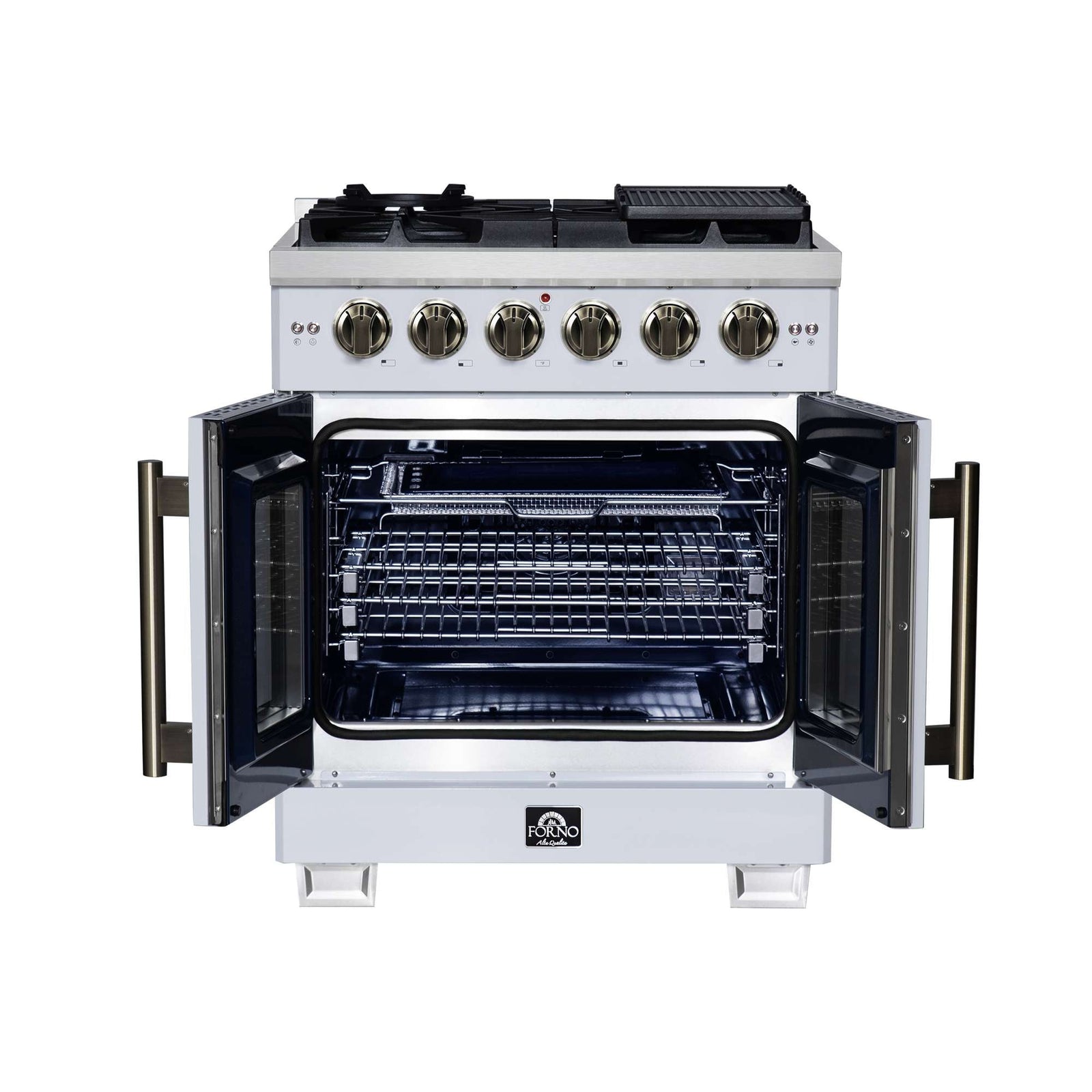 Forno Capriasca 30-Inch White Freestanding French Door Gas Range, 4 Burners, Convection Oven, Energy Efficient - FFSGS6460-30WHT