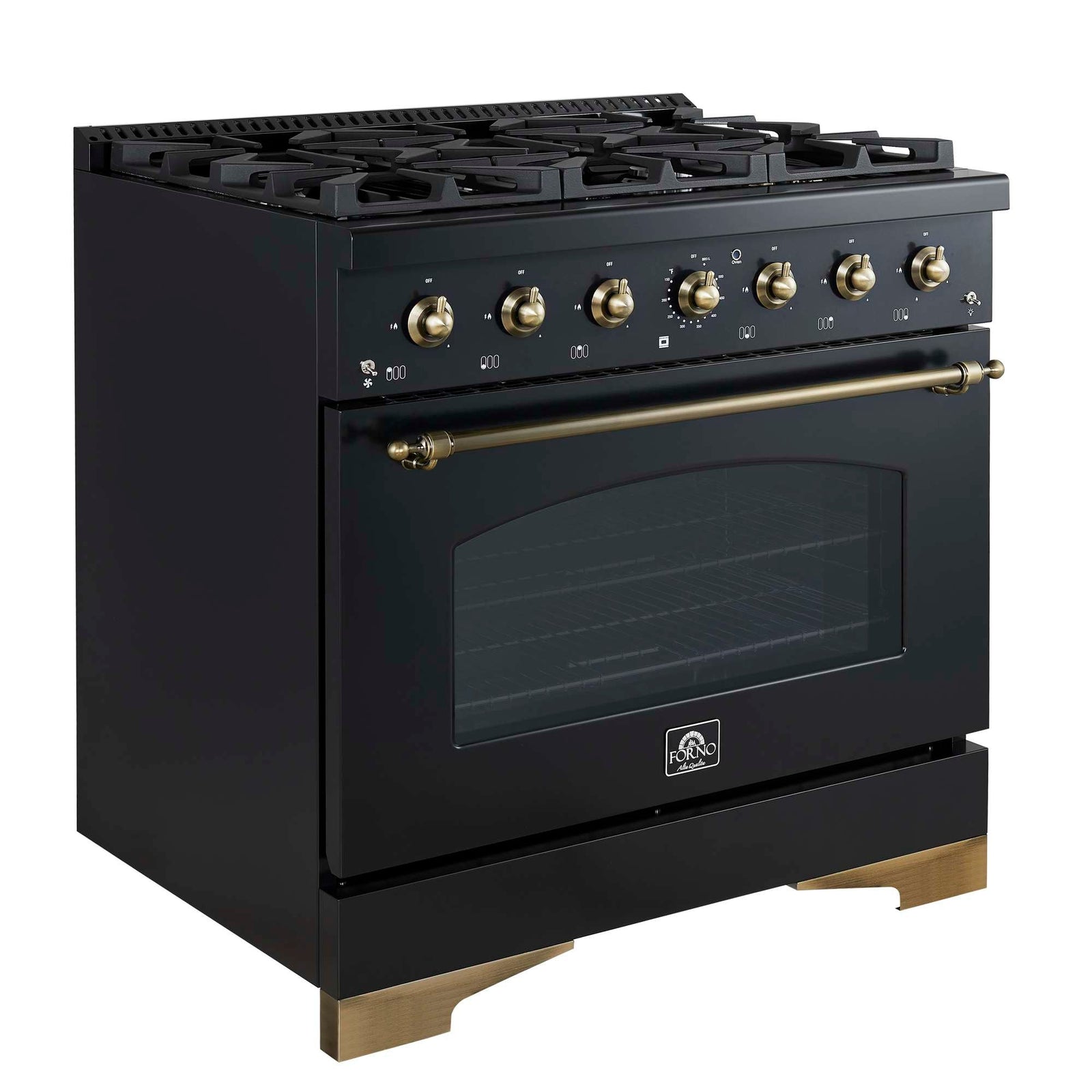 Forno Antico 36-Inch Freestanding Gas Range, Black, Antique Brass Design, 6 Burners, Convection Oven, Energy Efficient - FFSGS6219-36BLK