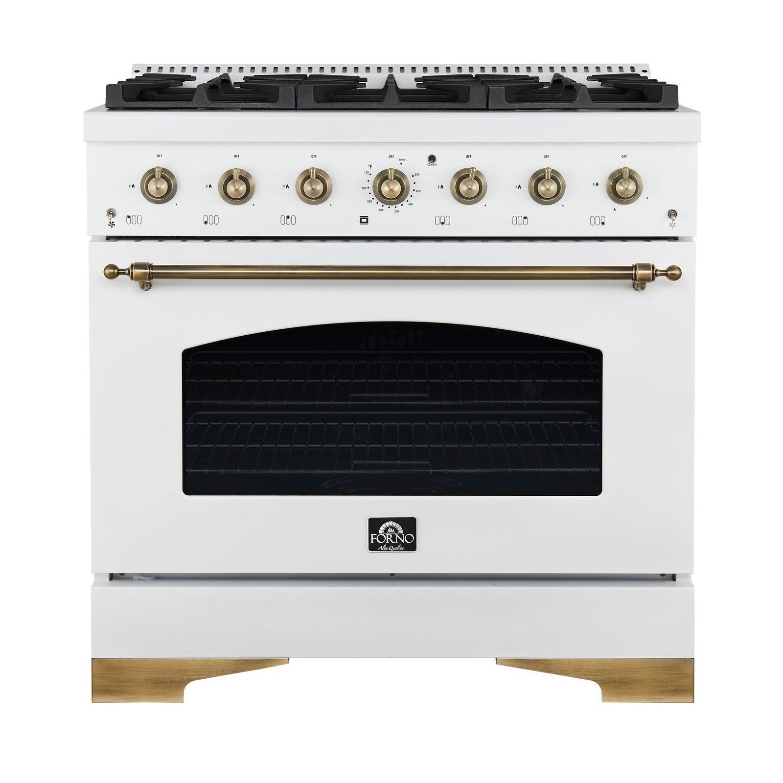 Forno Antico 36-Inch Freestanding Gas Range, White, Antique Brass Design, 6 Burners, Convection Oven, Energy Efficient - FFSGS6219-36WHT