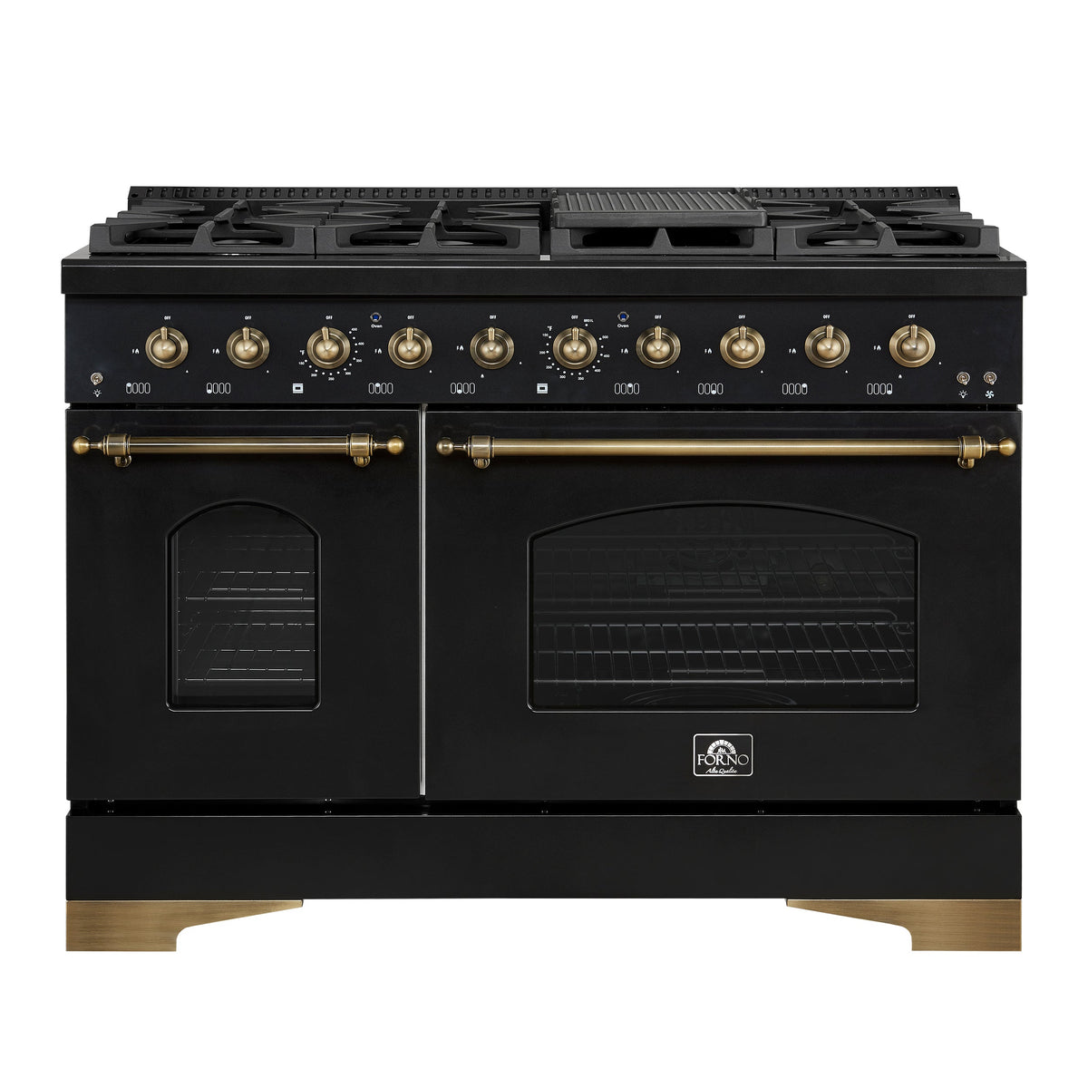 Forno Antico 48-Inch Freestanding Gas Range, Black, Antique Brass Design, 8 Burners, Griddle, Double Ovens, Energy Efficient - FFSGS6219-48BLK