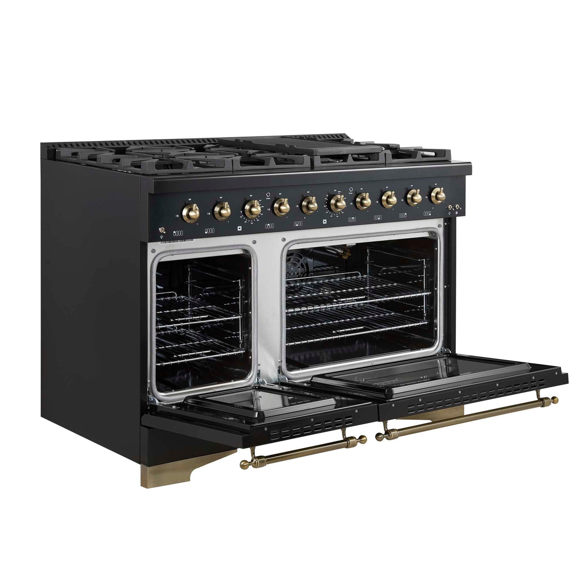 Forno Antico 48-Inch Freestanding Gas Range, Black, Antique Brass Design, 8 Burners, Griddle, Double Ovens, Energy Efficient - FFSGS6219-48BLK