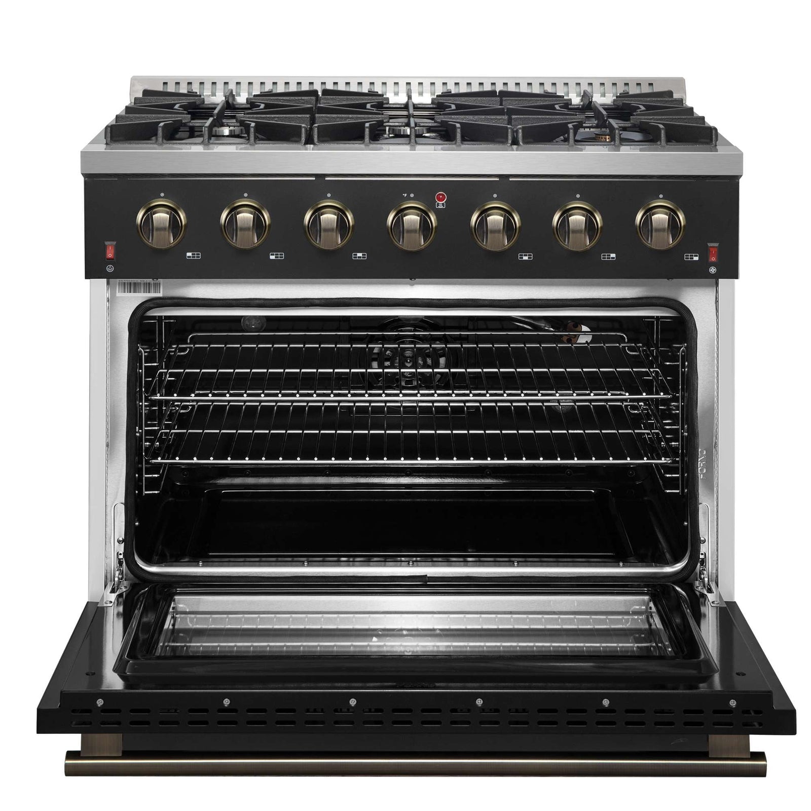 Forno Galiano 36-inch Freestanding Gas Range in Black with Antique Brass Design, 6 Burners, 83,000 BTU, 5.36 cu.ft. Convection Oven - FFSGS6244-36BLK