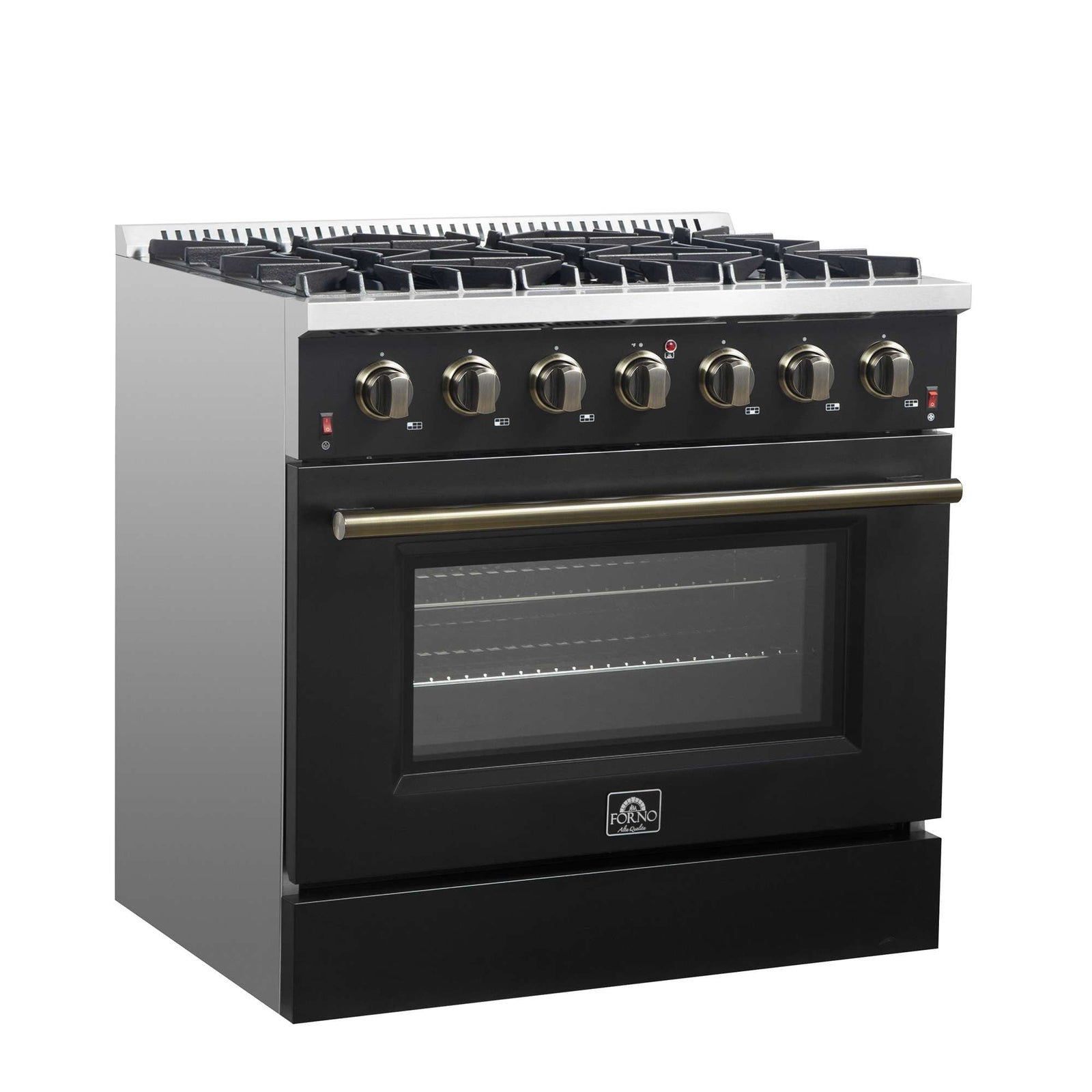 Forno Galiano 36-inch Freestanding Gas Range in Black with Antique Brass Design, 6 Burners, 83,000 BTU, 5.36 cu.ft. Convection Oven - FFSGS6244-36BLK