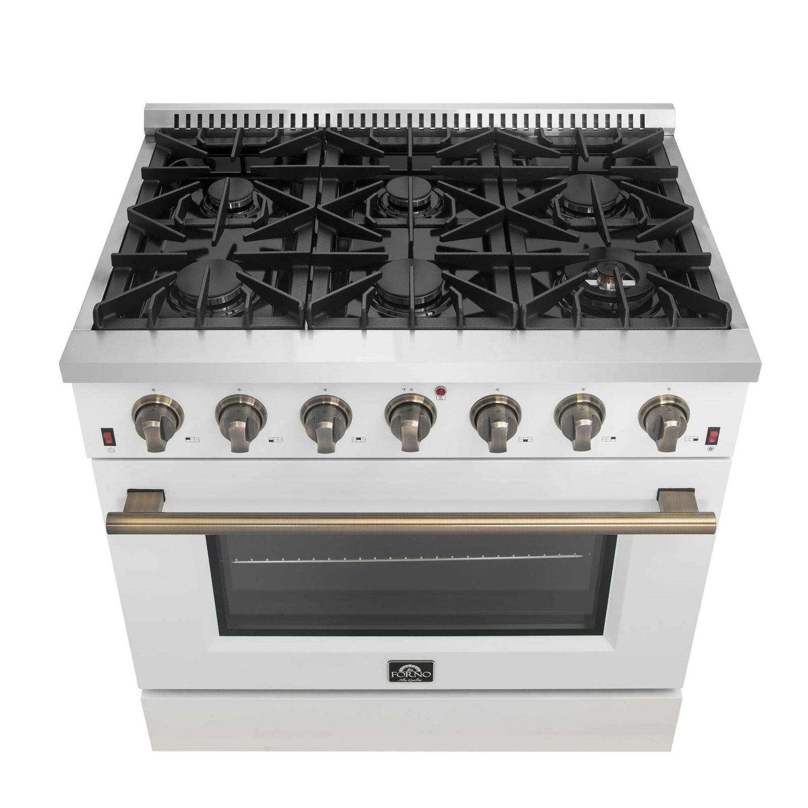 Forno Galiano 36-inch Freestanding Gas Range in White with Antique Brass Design, 6 Burners, 83,000 BTU, 5.36 cu.ft. Convection Oven - FFSGS6244-36WHT