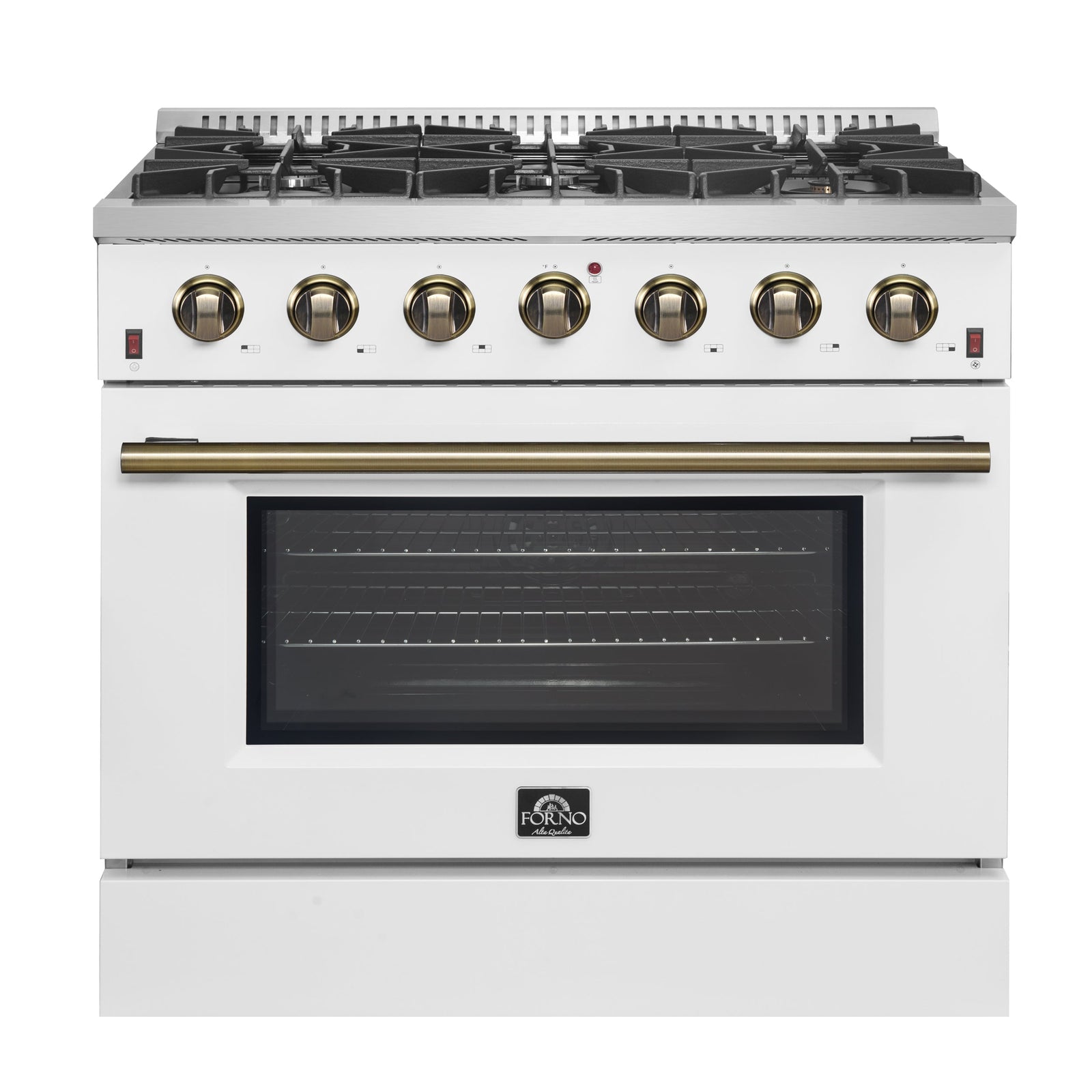 Forno Galiano 36-inch Freestanding Gas Range in White with Antique Brass Design, 6 Burners, 83,000 BTU, 5.36 cu.ft. Convection Oven - FFSGS6244-36WHT